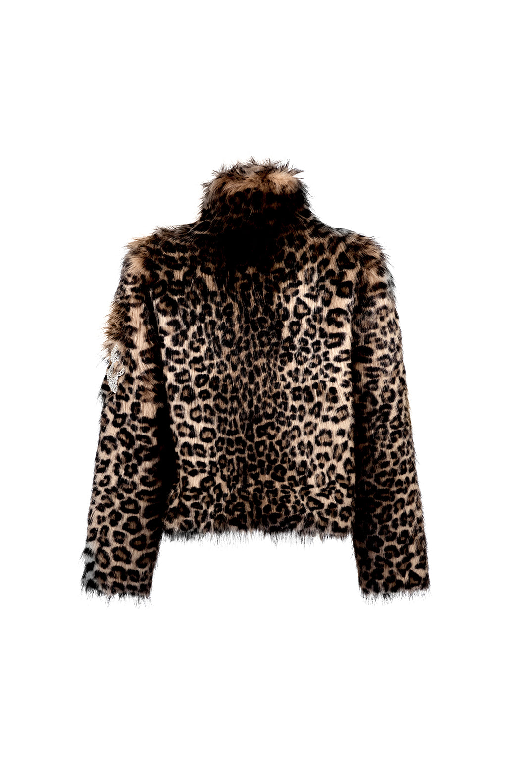 Back flat lay of Angel Wings by Lucy Leopard Crop with Skull Luxury Faux Fur Jacket – unique skull motif, statement ski fashion