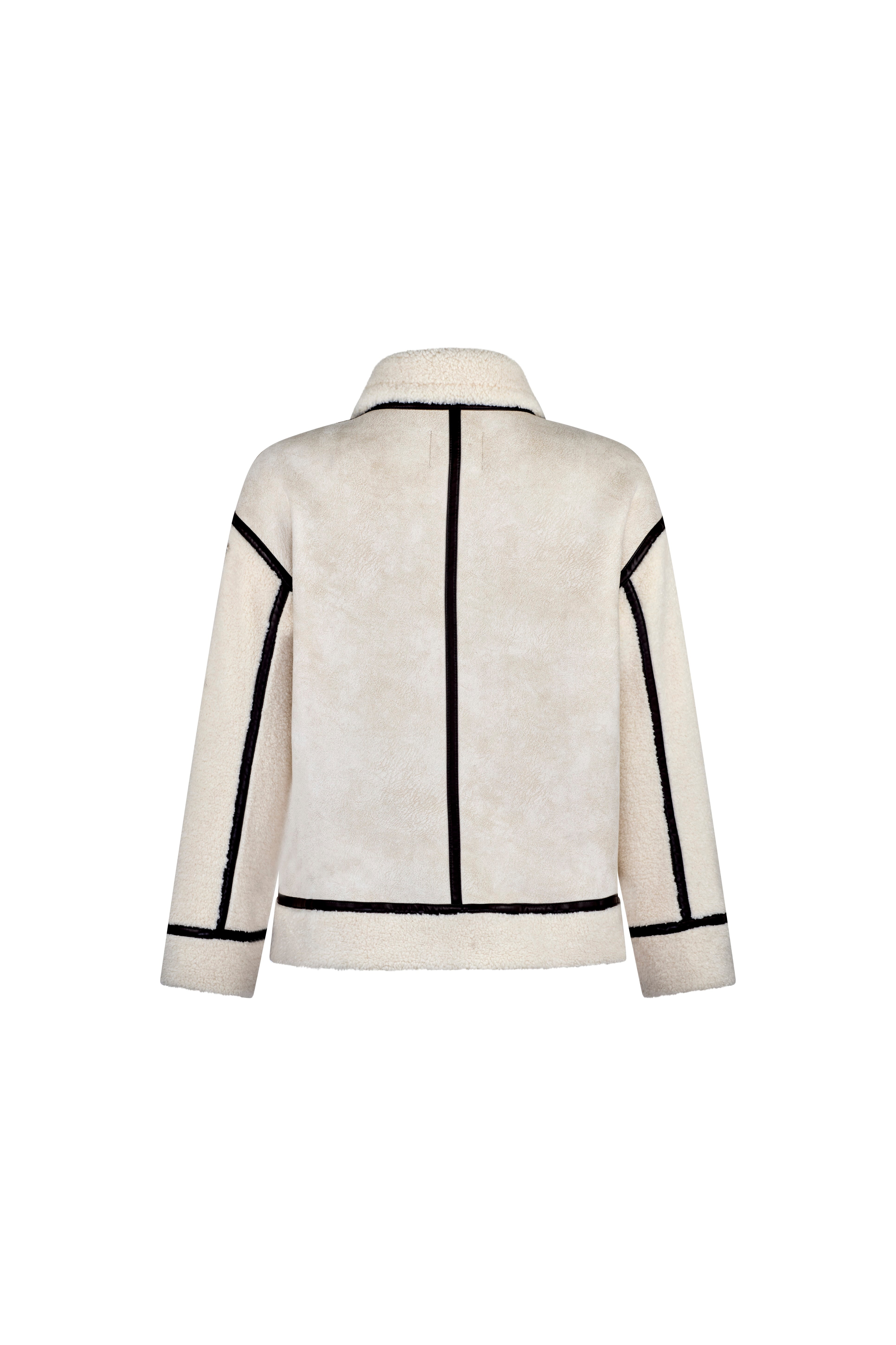 Back view of Angel Wings by Lucy Vandetta shearling jacket with contrast piping and structured silhouette