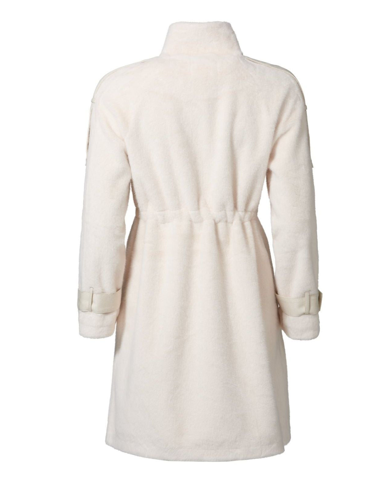 back view of Angel Wings Chica Jacket with tie waist. Faux fur luxury