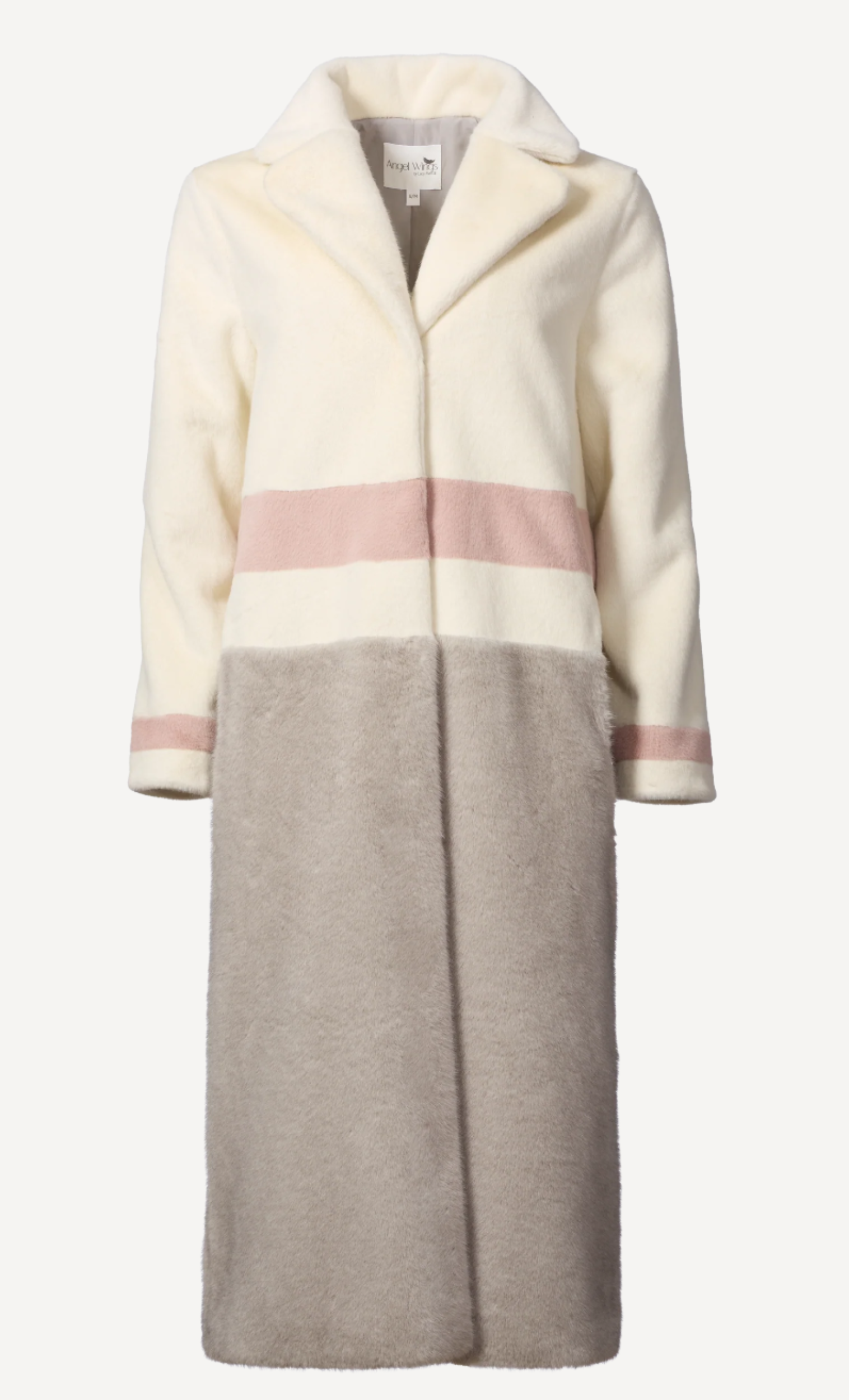 Flat lay front Angel Wings by Lucy Ajax striped long faux fur jacket with a lapel collar.