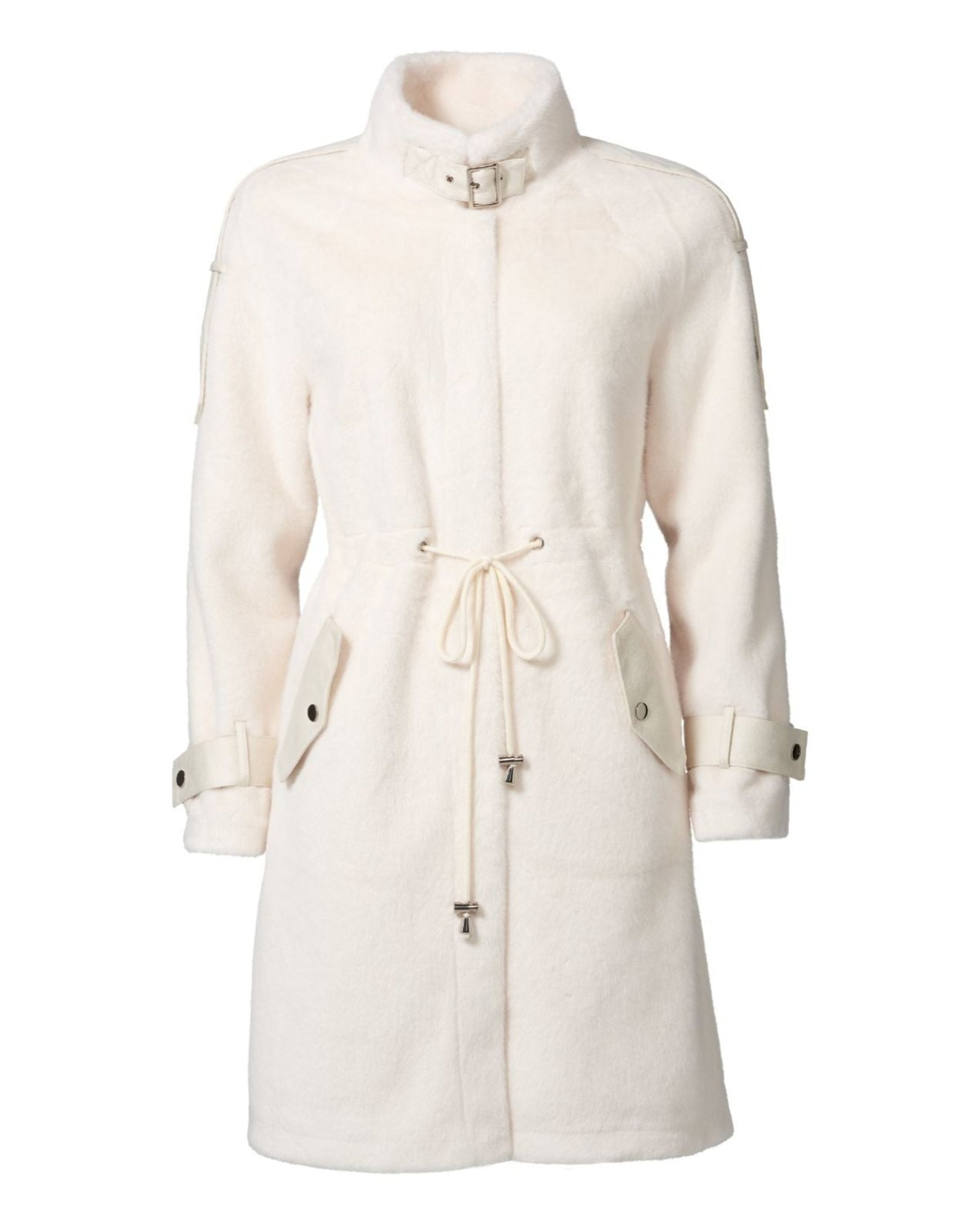 Front view of cream faux fur Angel wings by Lucy jacket with drawstring waist, buckle collar, and faux suede trim — the bestselling Chica Chica style in Vanilla.