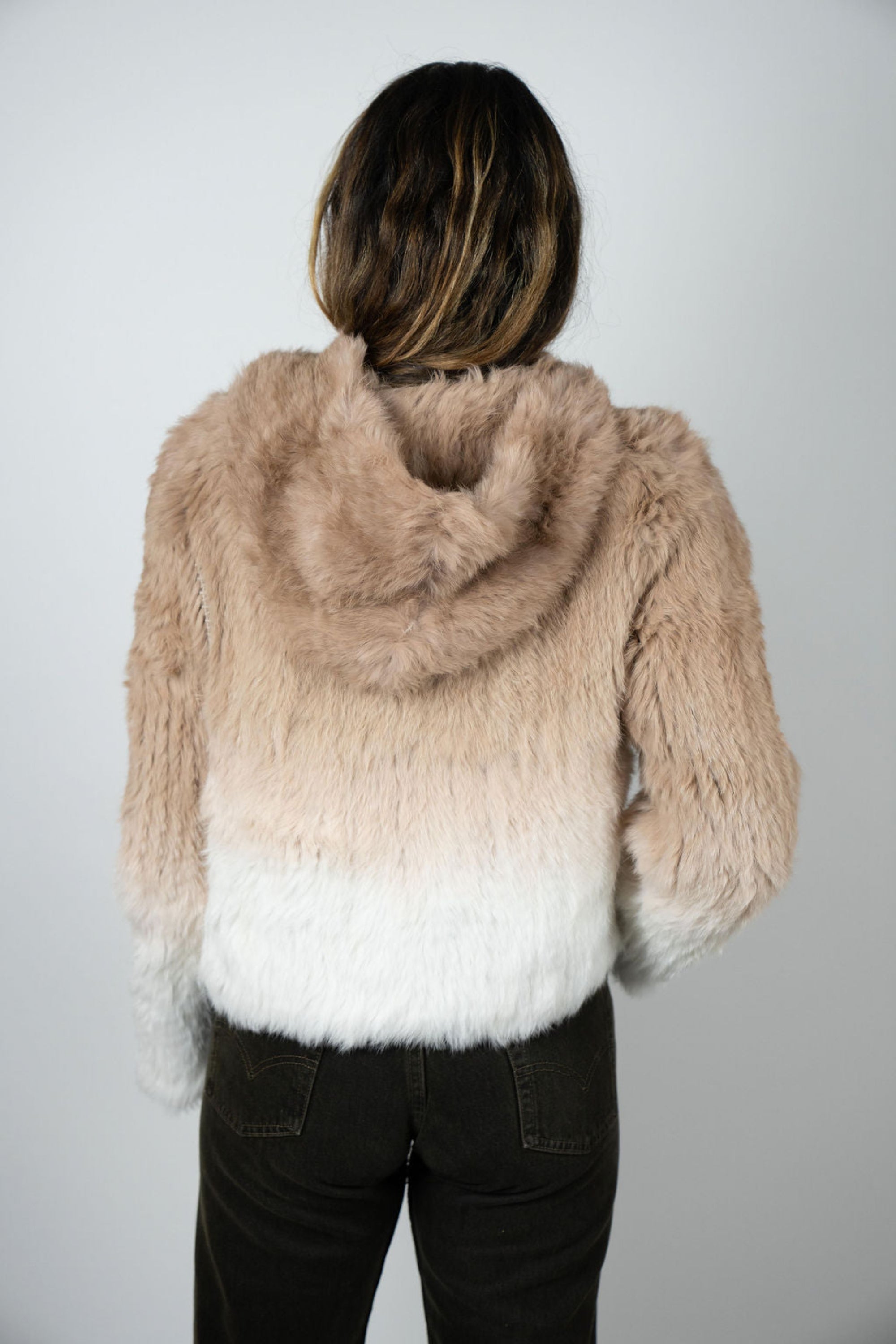 Back of beige ombre rabbit fur cropped jacket with hood, soft ombré fade