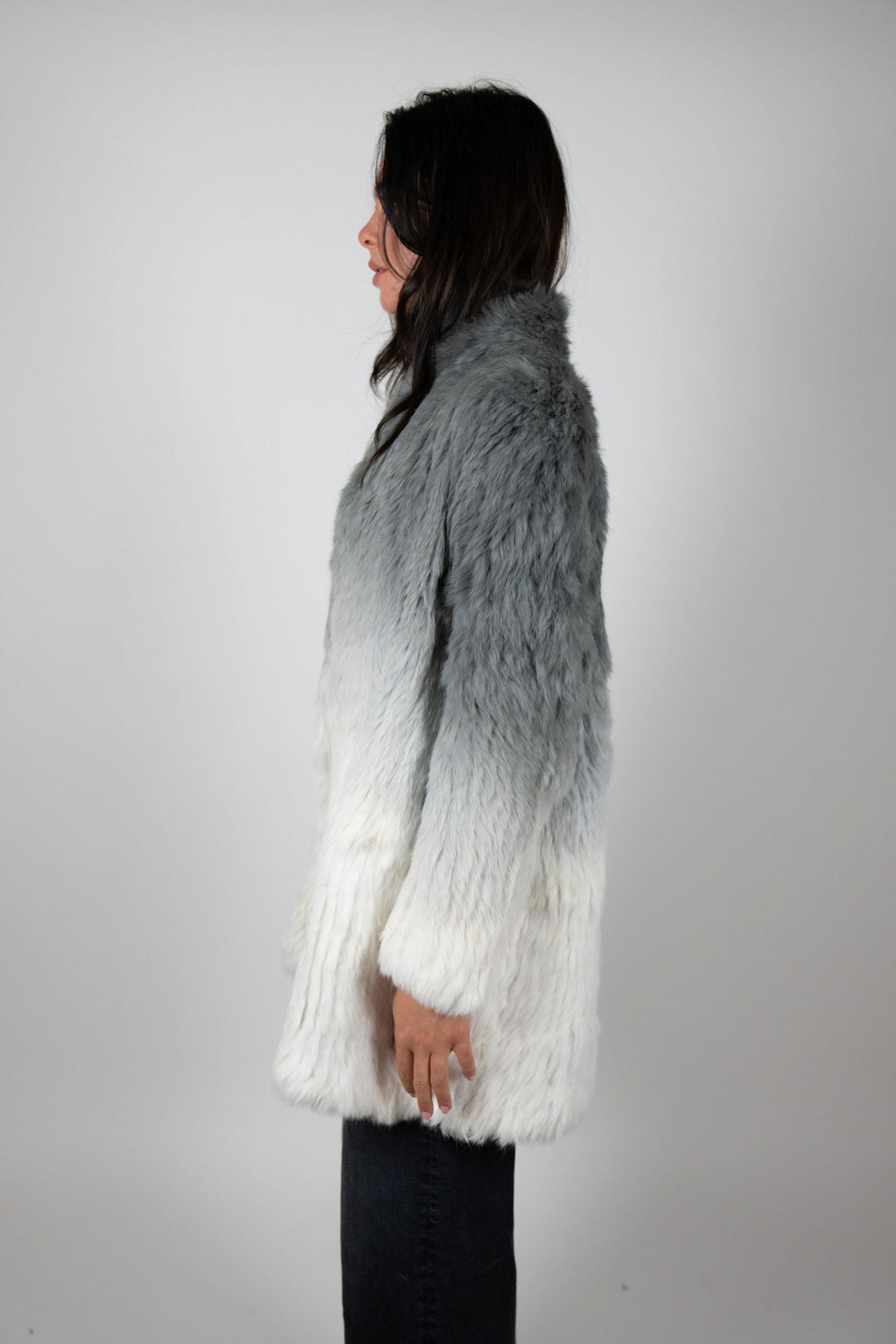 Back view of grey and white ombre rabbit fur swing coat
