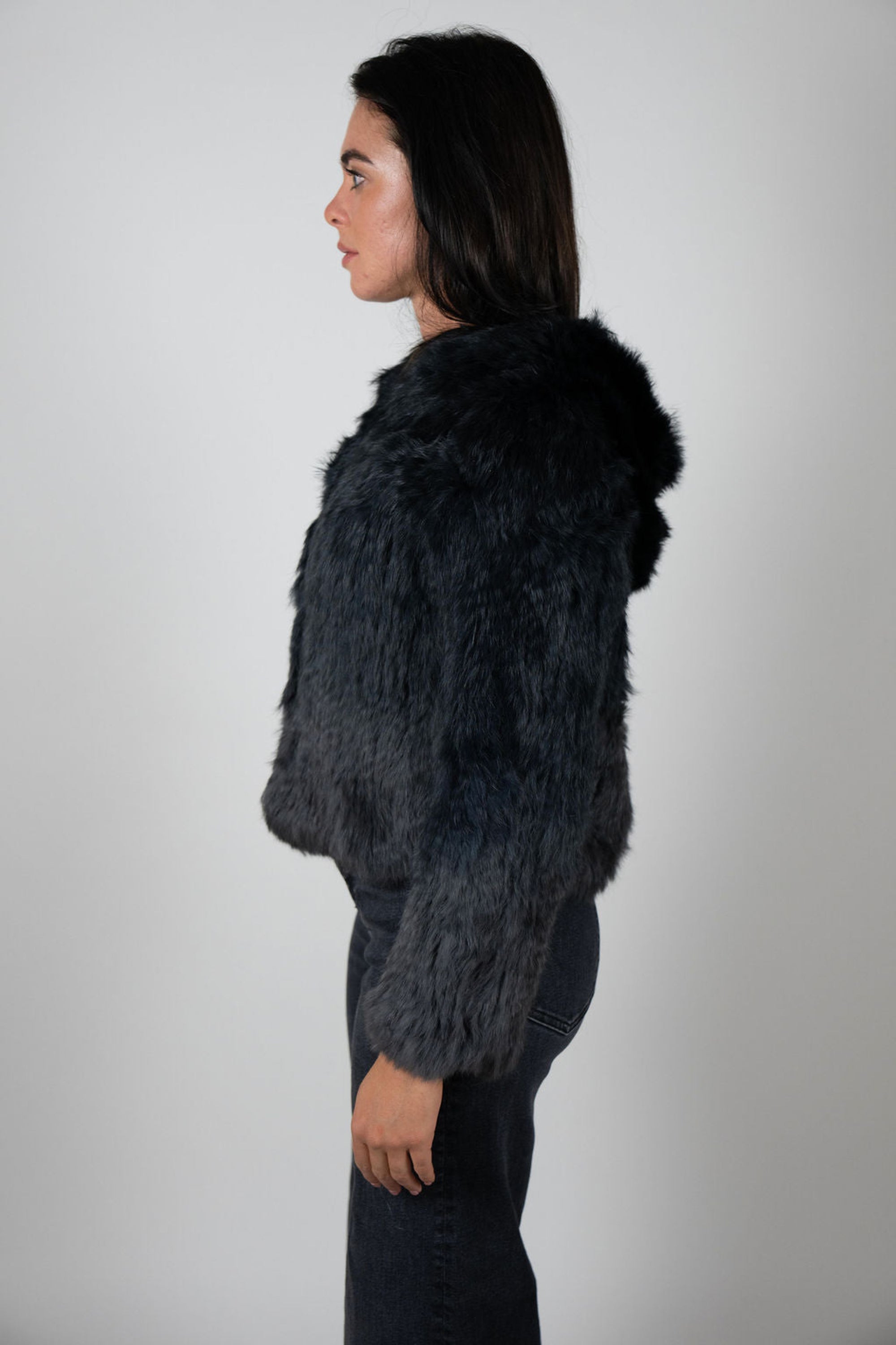 Side view of charcoal rabbit fur hooded crop jacket – Angel Wings by Lucy Luxe Collection