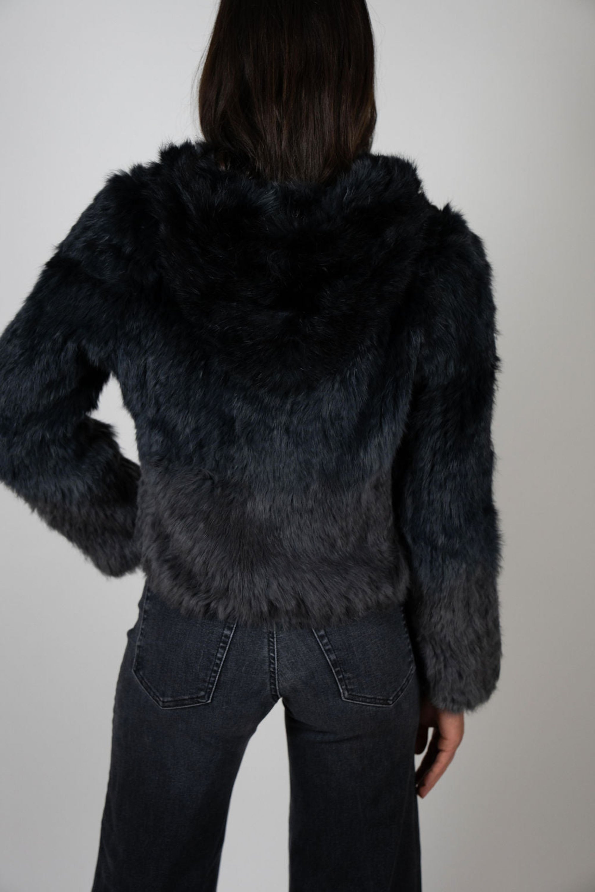 Back view of dip-dye rabbit fur coat in black to grey ombré – Crop hooded silhouette by Angel Wings