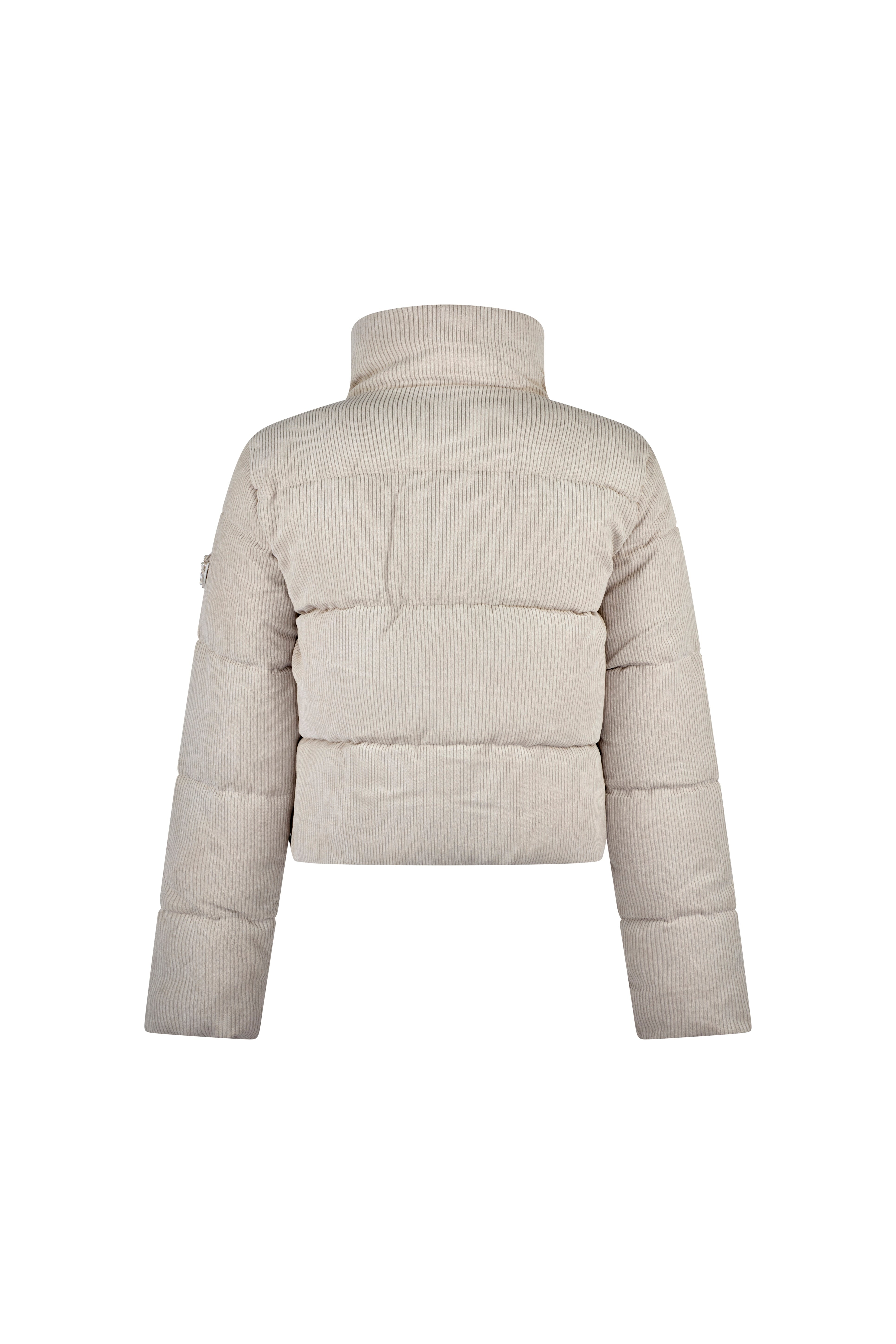 Angel wings by Lucy Sundeck Back view of cream cropped puffer jacket in ribbed corduroy fabric