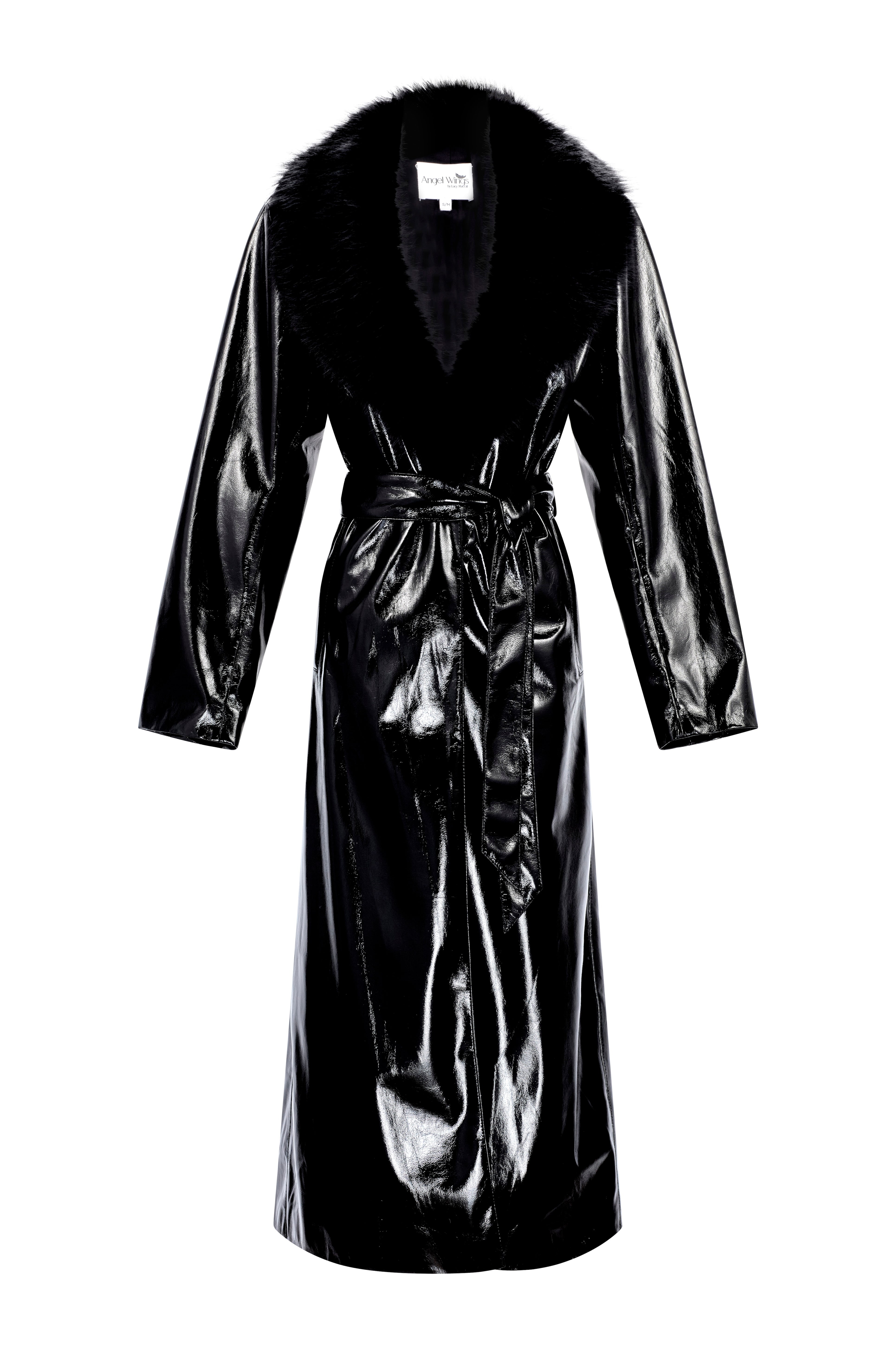 Fur collar latex trench coat - black gloss