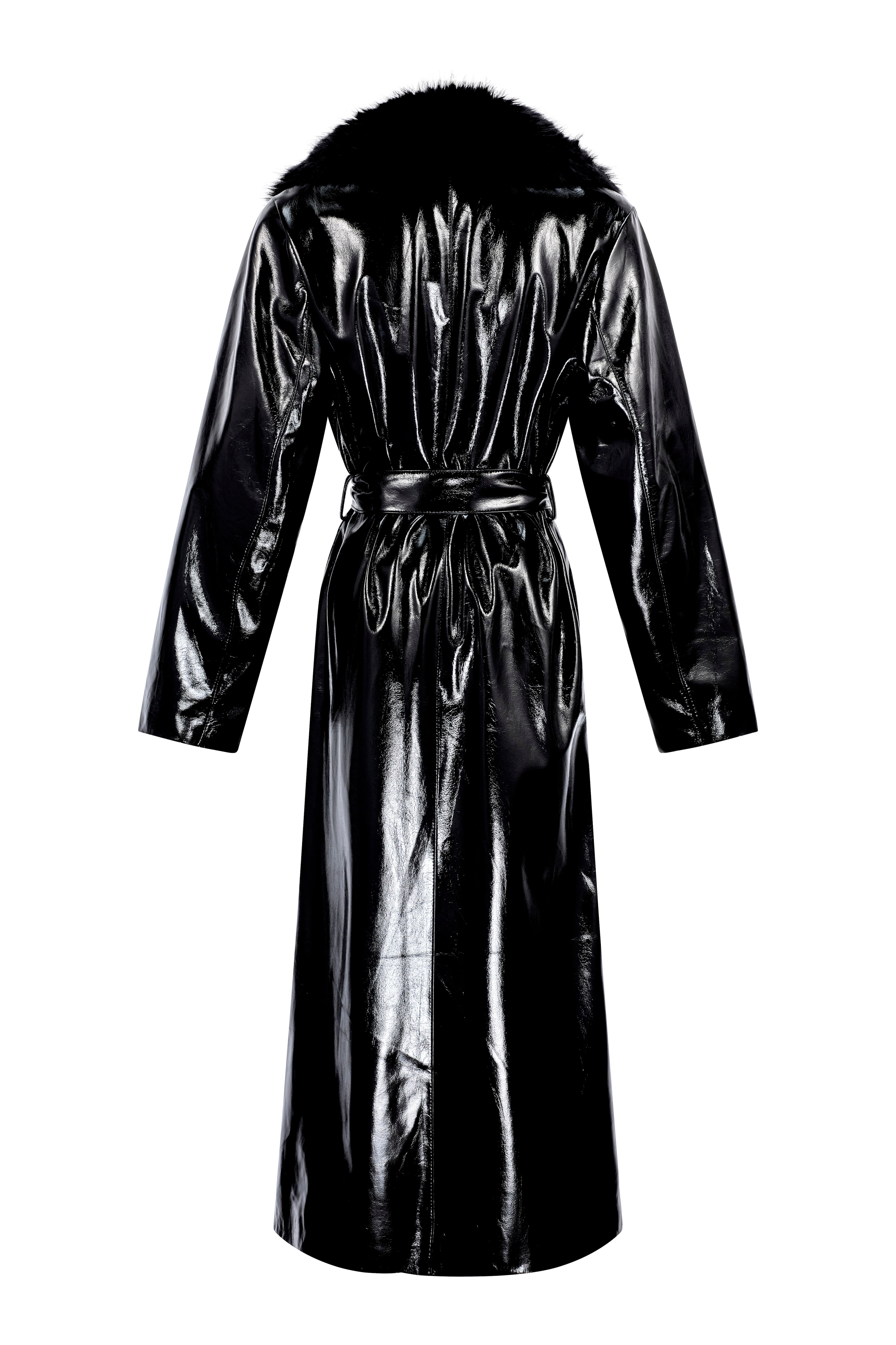 Fur collar latex trench coat - black gloss