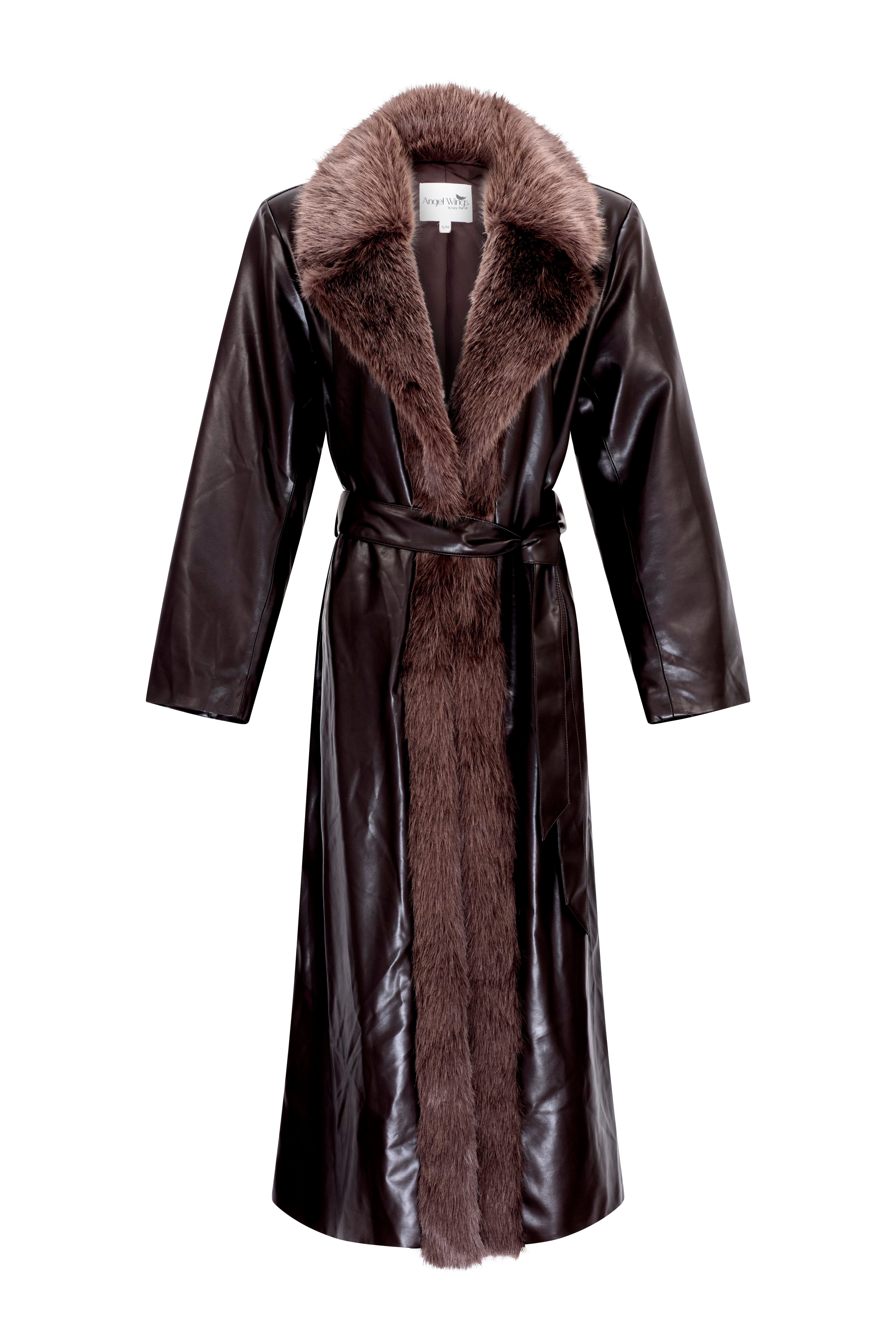 Fur collar leather trench coat - Chocolate