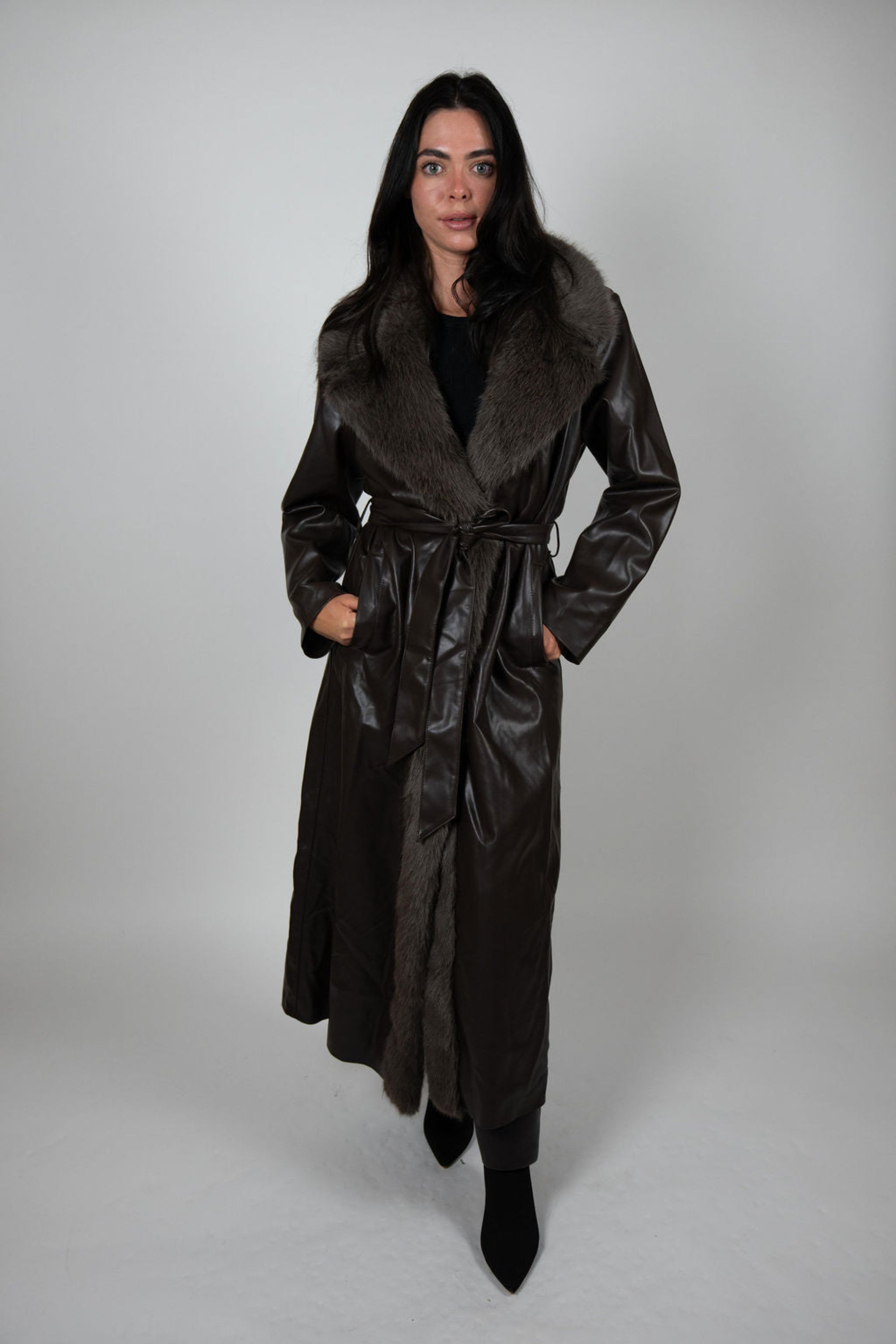 Fur collar leather trench coat - Chocolate