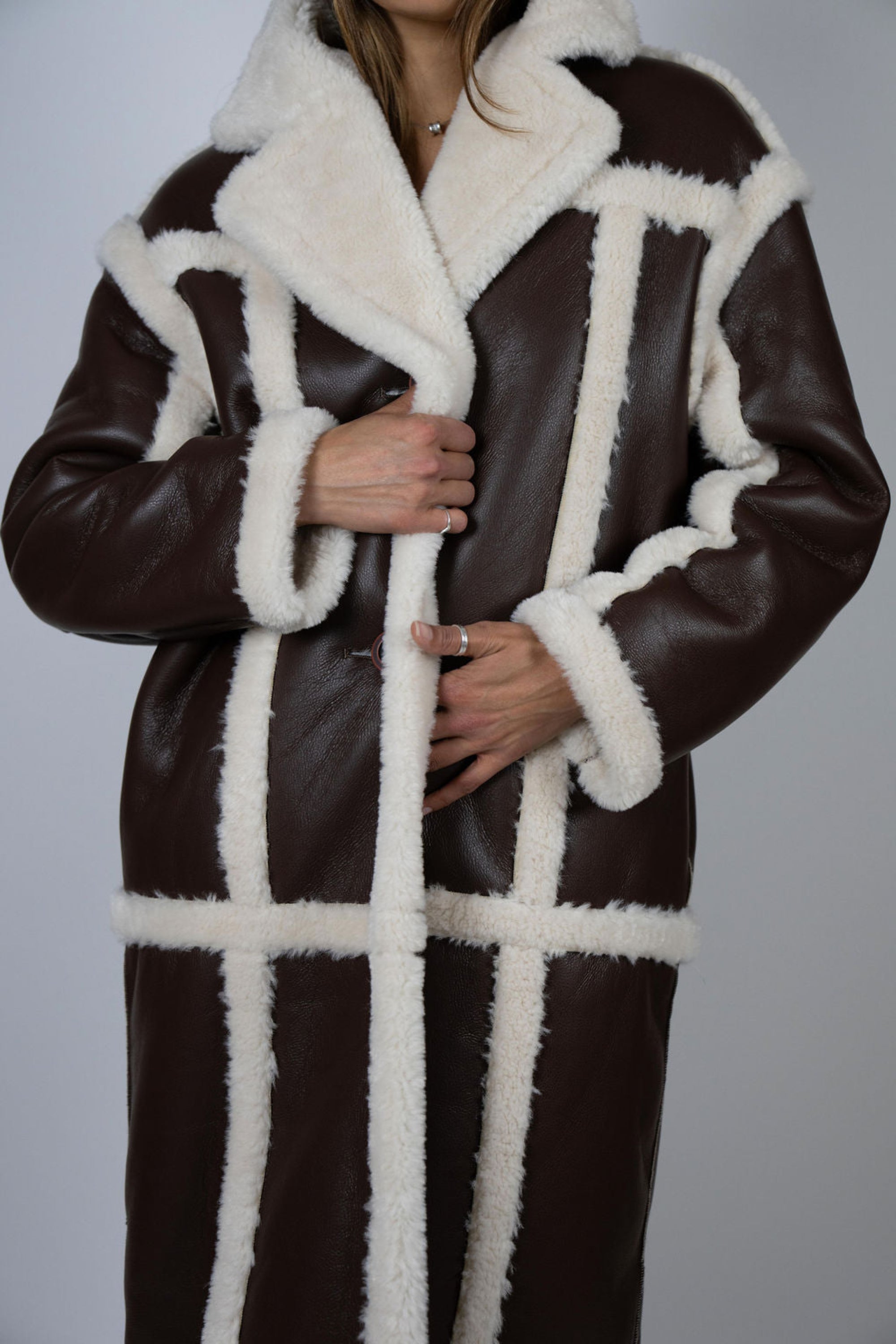 Faux Leather and Shearling Trench