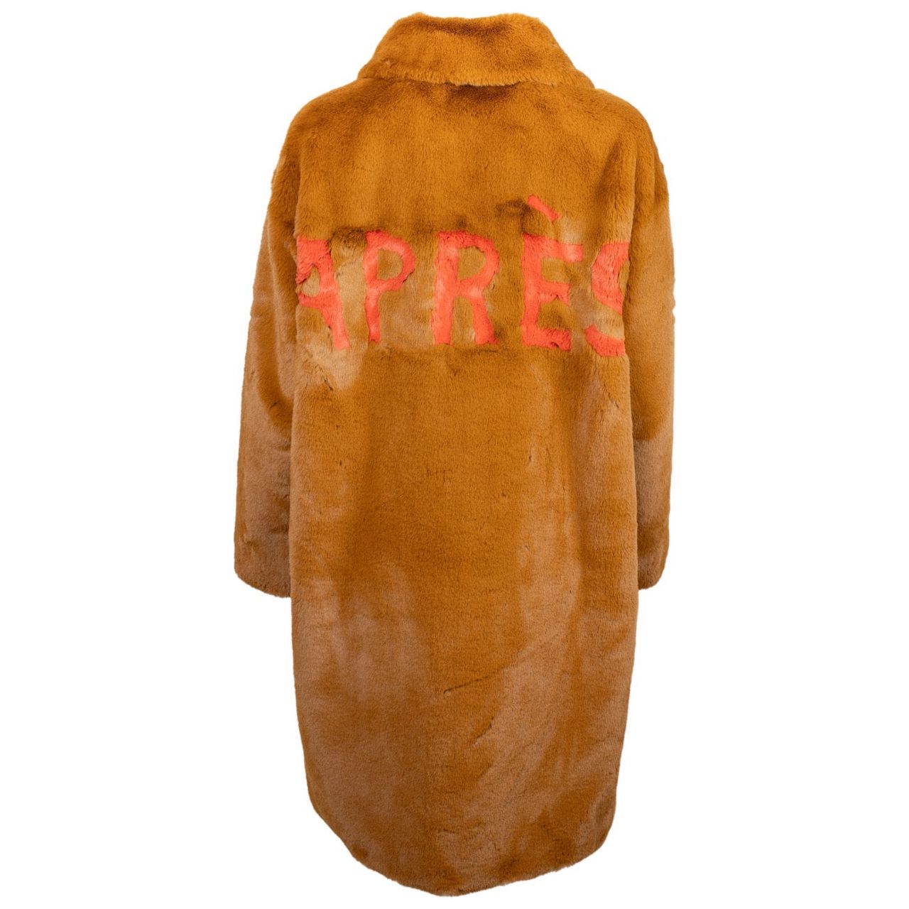 Back view of caramel faux fur jacket with bold red “APRÈS” lettering — part of the Mr. Greys après-ski collection.