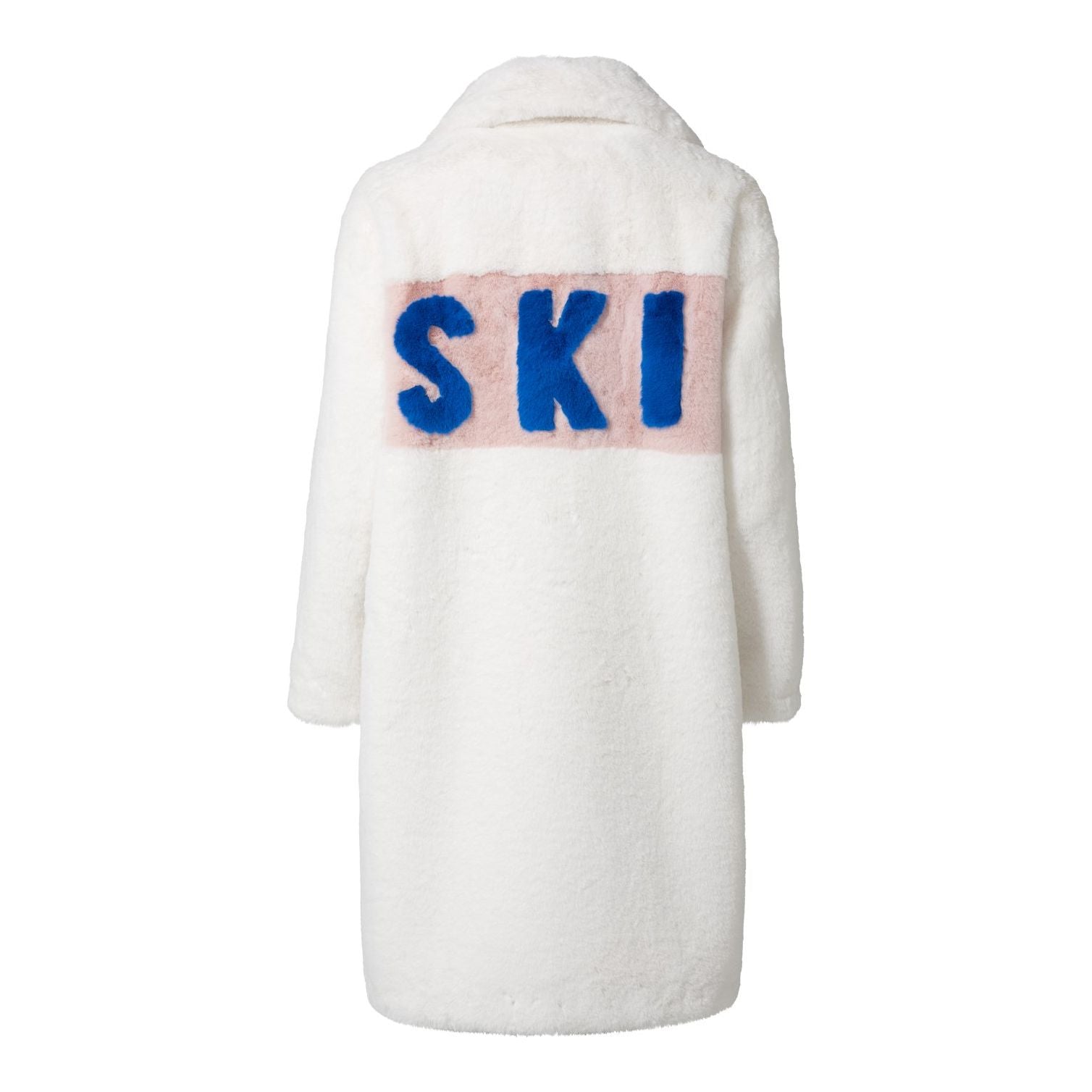 Back view of white faux fur jacket with blush panel and bold cobalt blue “SKI” lettering — part of the Mr. Greys collection.