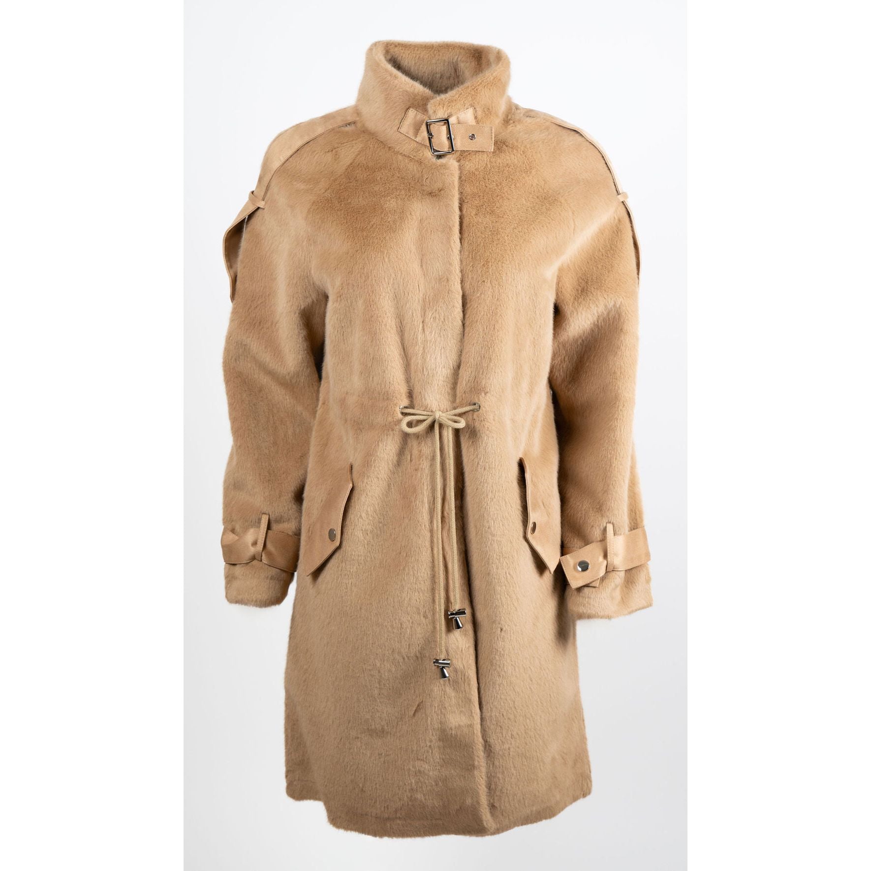 Front view of camel faux fur jacket with high collar, drawstring waist, and suede-trimmed details — Chica Chica style in Camel.