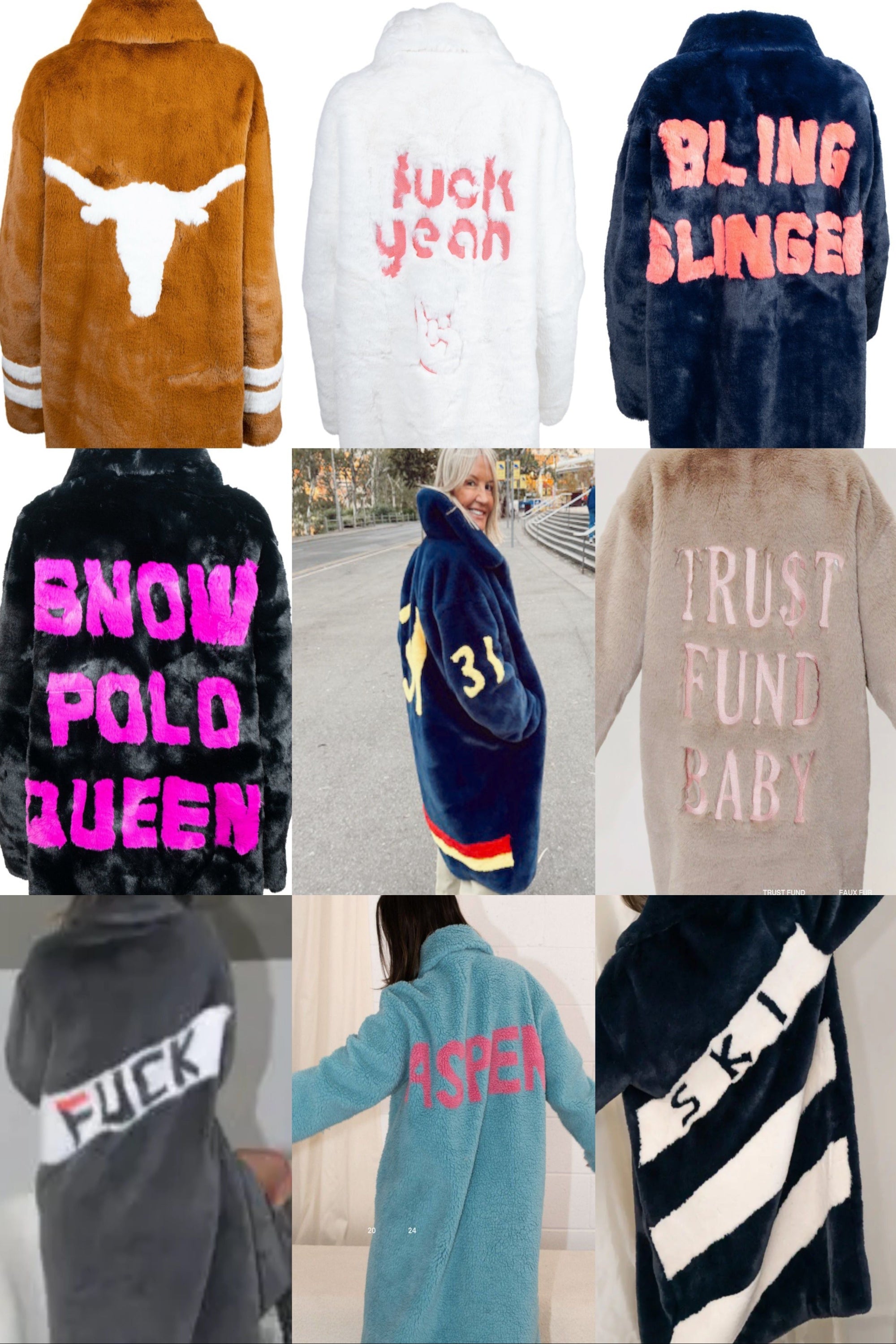 Back view of customizable faux fur coat featuring personalized slogan or logo — part of the Mr. Greys custom collection.
