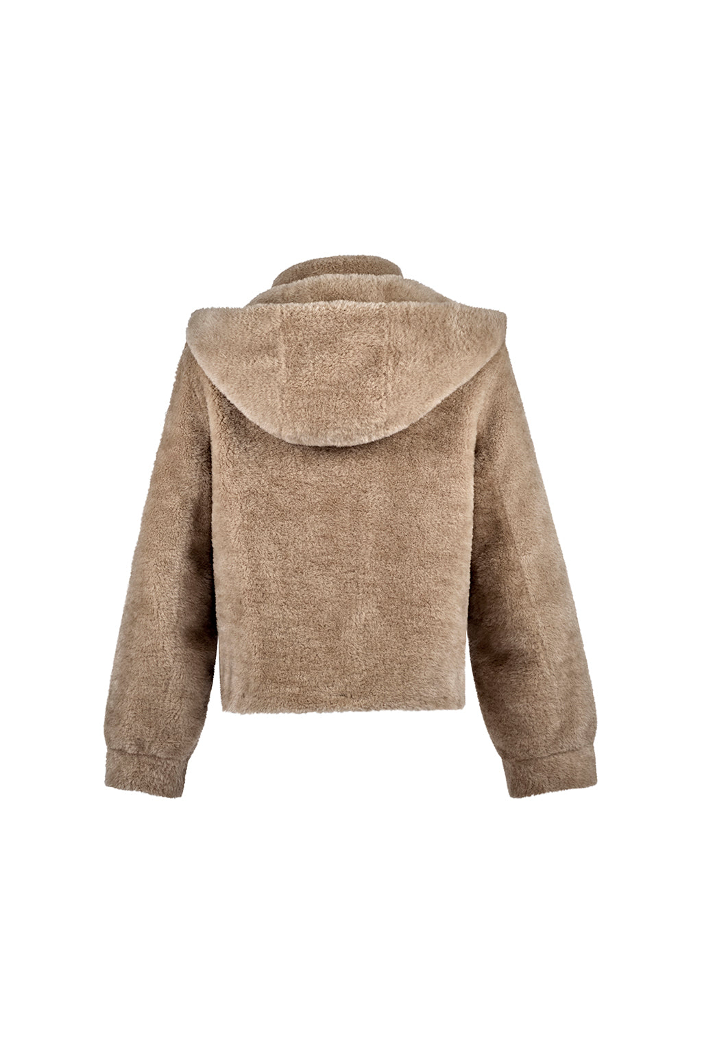Back flat lay of Angel Wings by Lucy Slope Room Faux Fur Bomber – cozy cropped hooded design