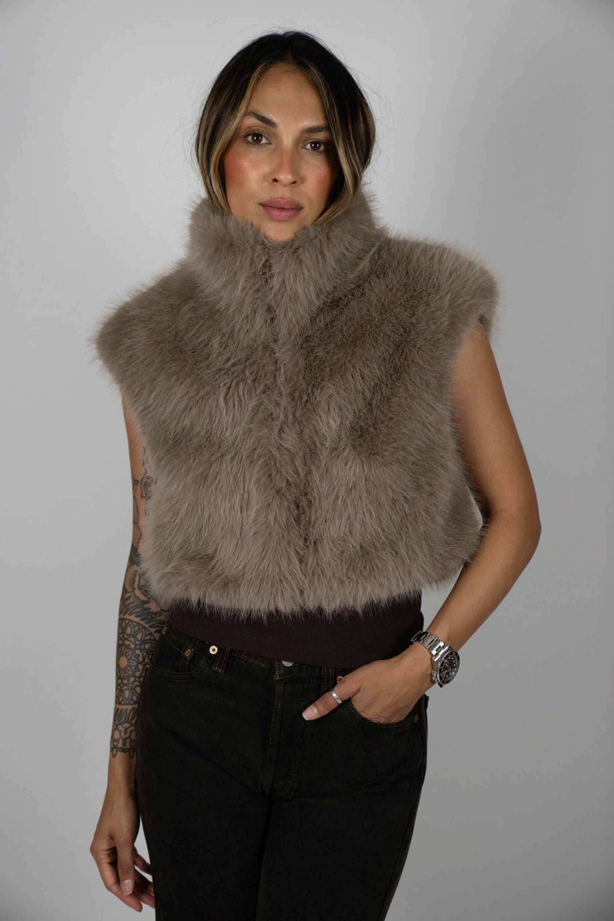 Model wearing Angel Wings by Lucy Moon Rabbit Crop Vest – stylish winter layering piece in soft faux fur