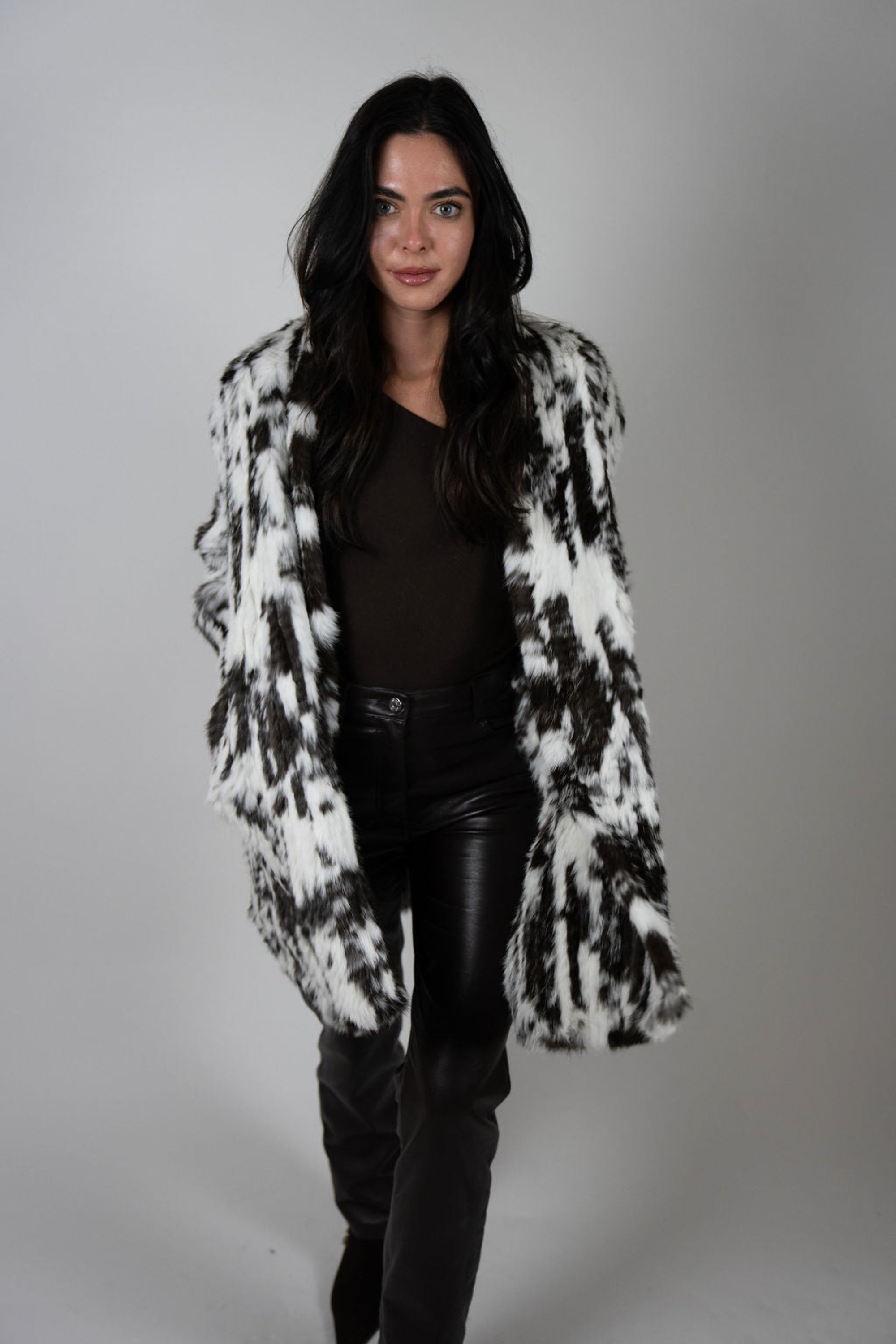 Rabbit swing coat styled with leather pants and boots, full-length luxury outerwear – Angel Wings by Lucy