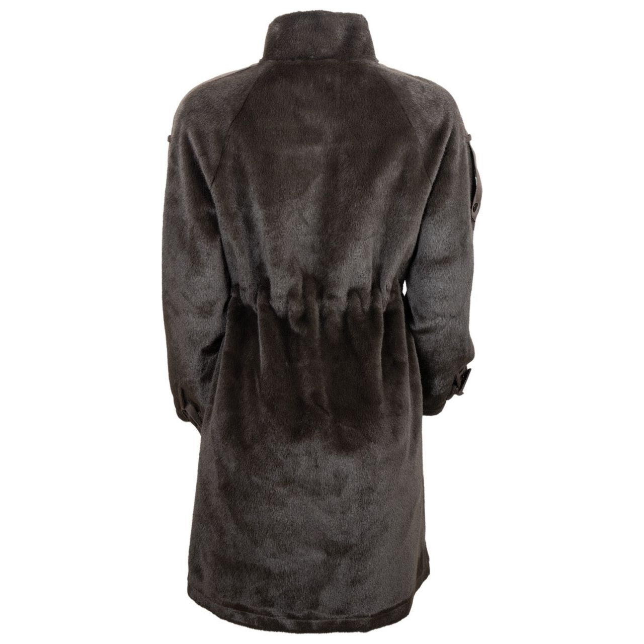 back of chocolate brown faux fur Chica Jacket with drawstring waist and faux suede trim – Angel Wings by Lucy