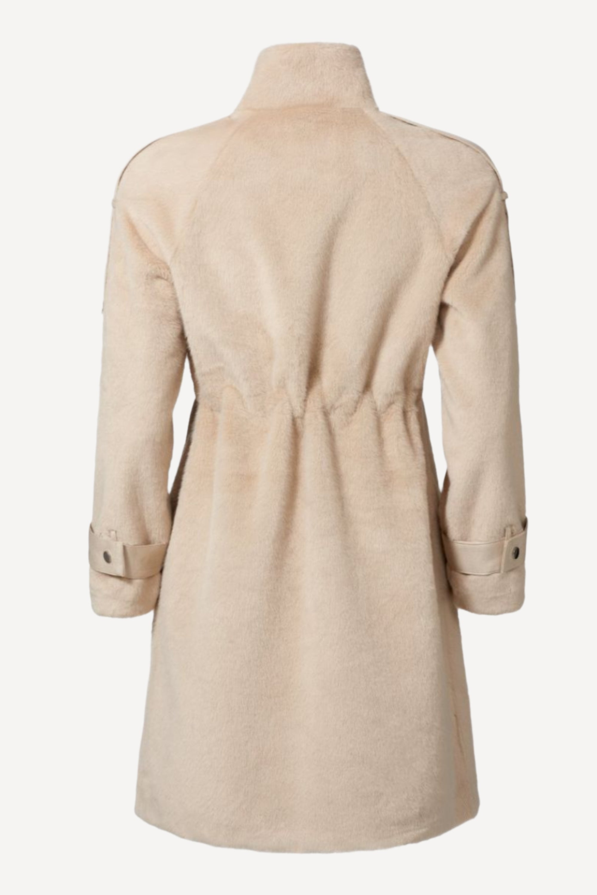 back view of camel faux fur jacket with high collar, drawstring waist, and suede-trimmed details — Chica Chica style in Camel.