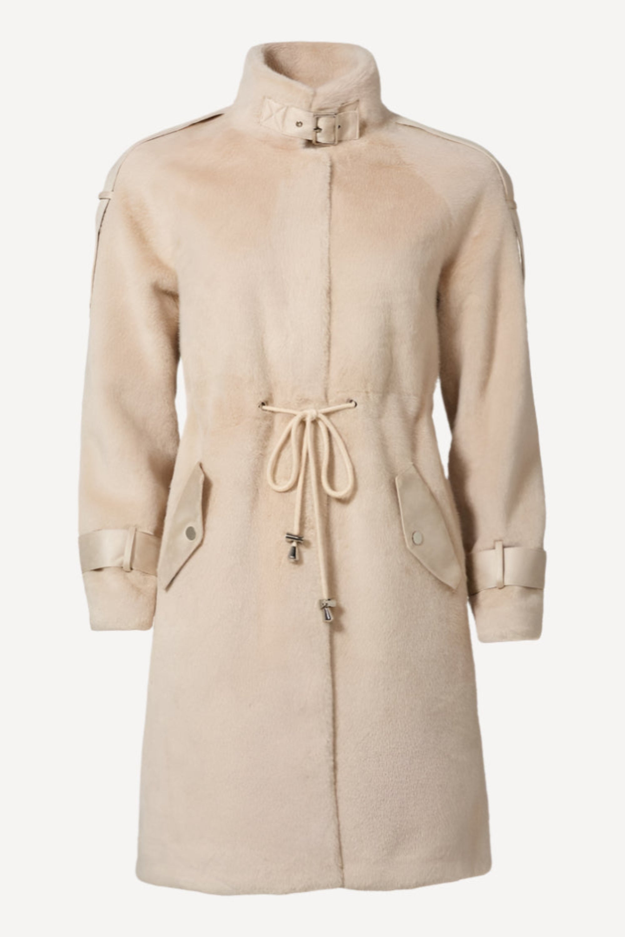 Front view of beige faux fur jacket with drawstring waist and buckle collar, worn over a flowing skirt — Chica Chica style in Beige.