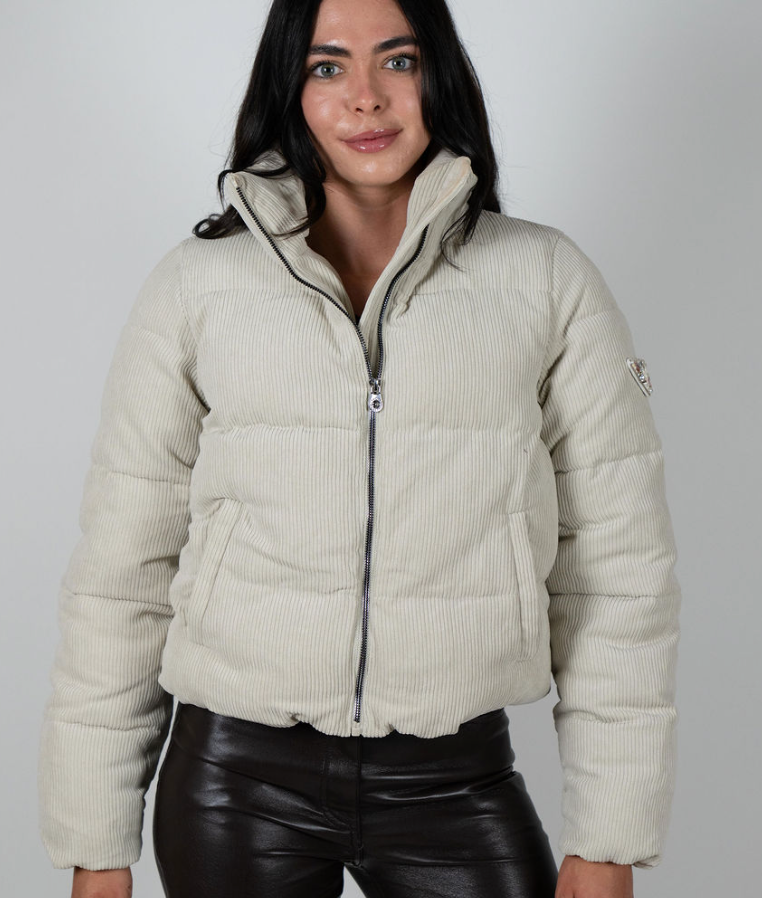 Cream corduroy puffer jacket for women with high collar and signature triangle sleeve patch – Angel Wings by Lucy
