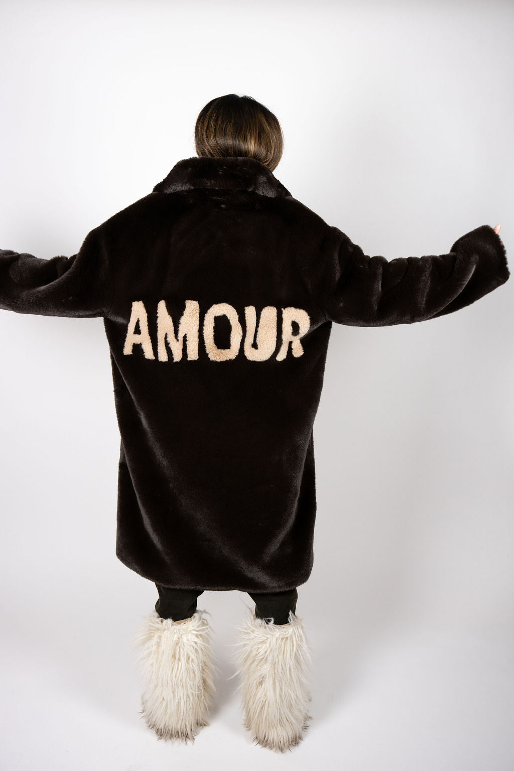 Mr Grey Amour chocolate faux fur coat with cream AMOUR lettering on back
