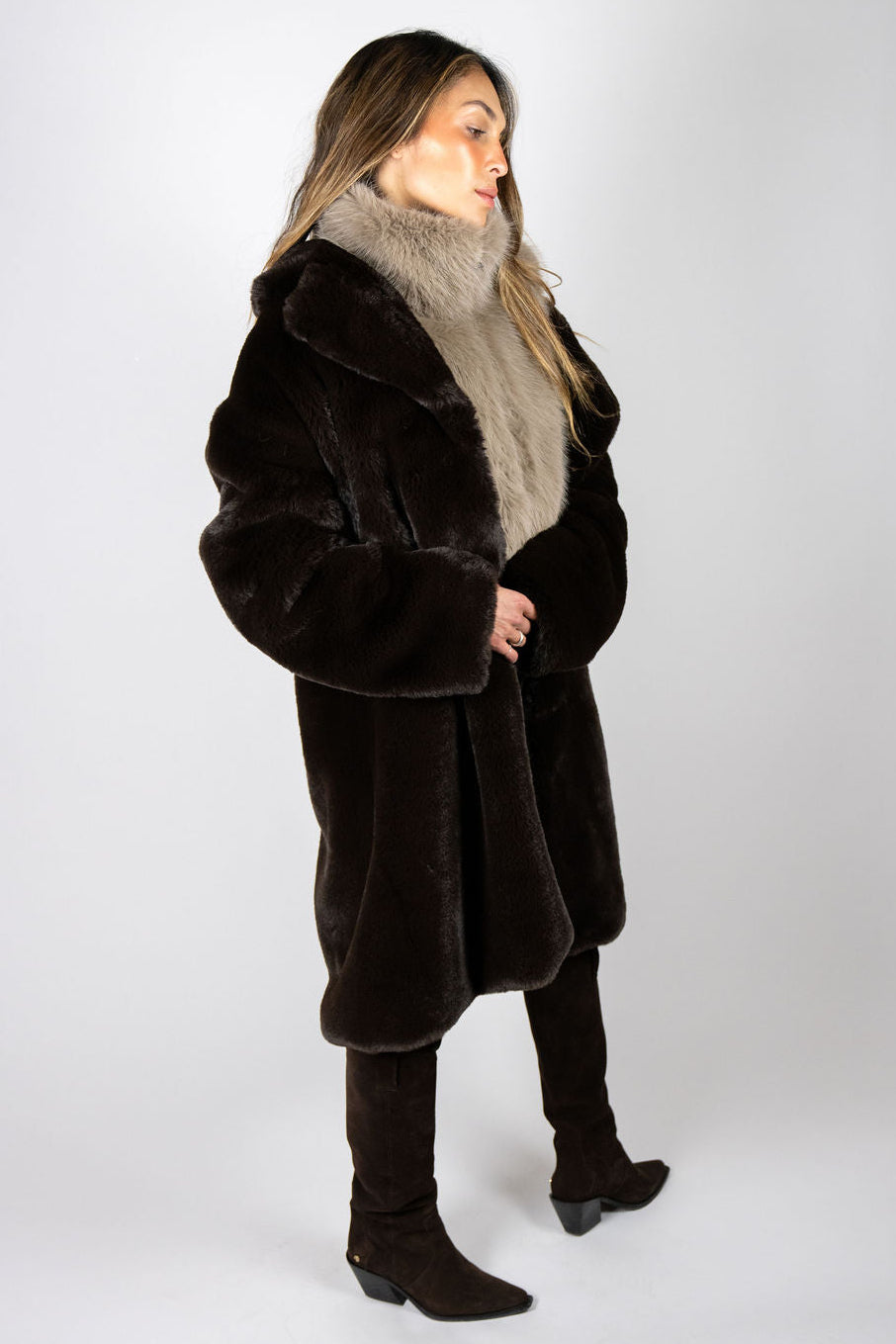 Front view of Mr Grey Amour chocolate faux fur coat by Angel Wings by Lucy