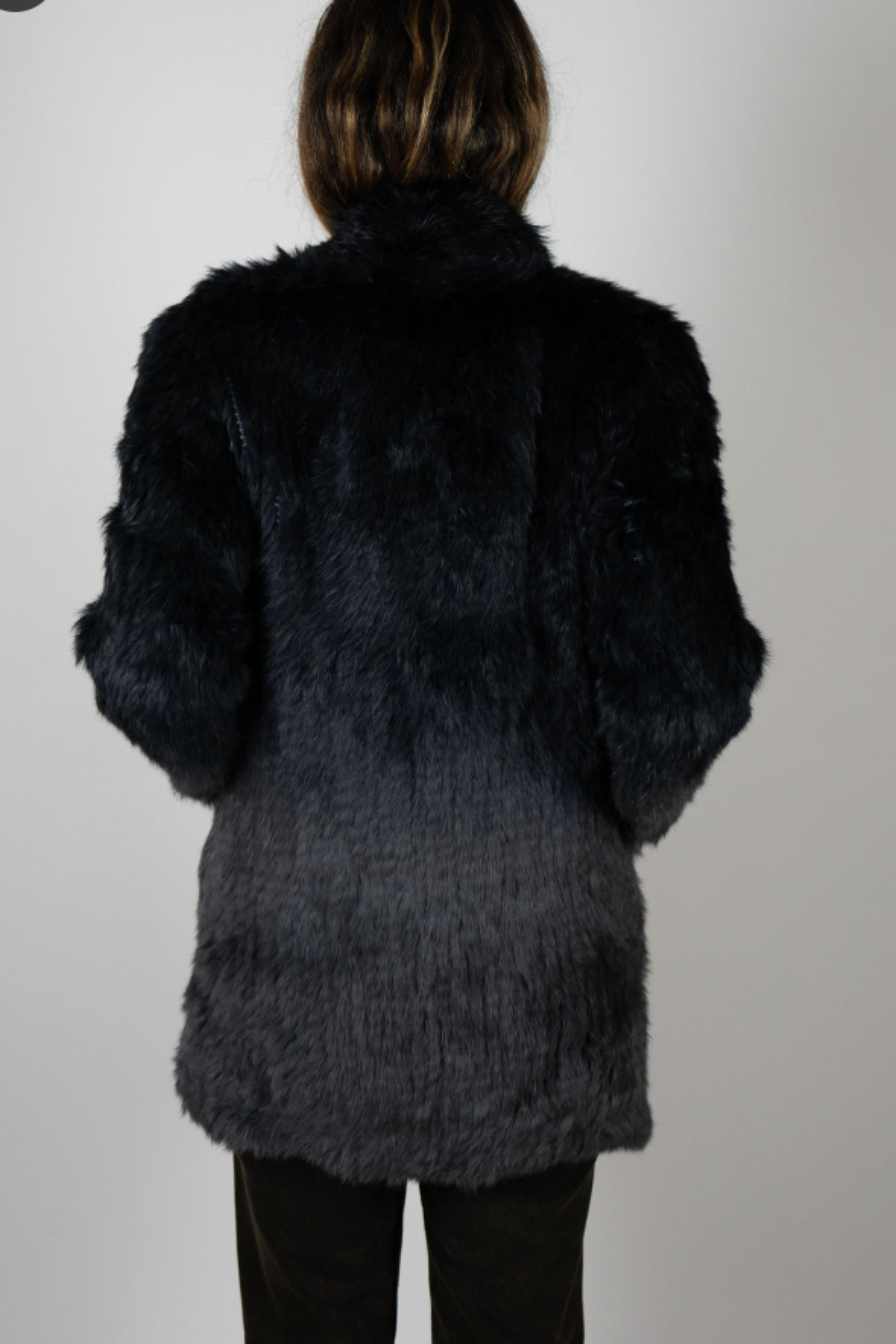 Back view of Rabbit Dip Dye Black Charcoal longline fur coat showing dip dye gradient