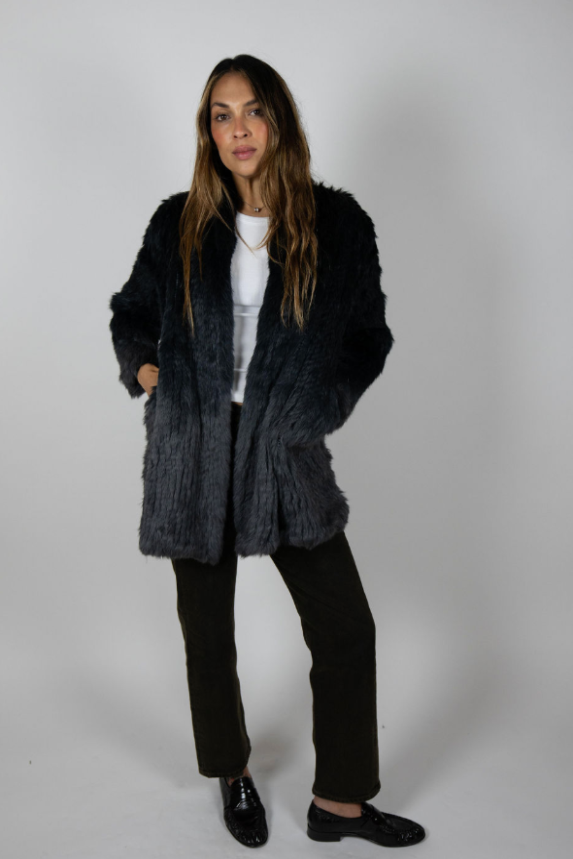 Model wearing front view of Rabbit Dip Dye Black Charcoal swing coat