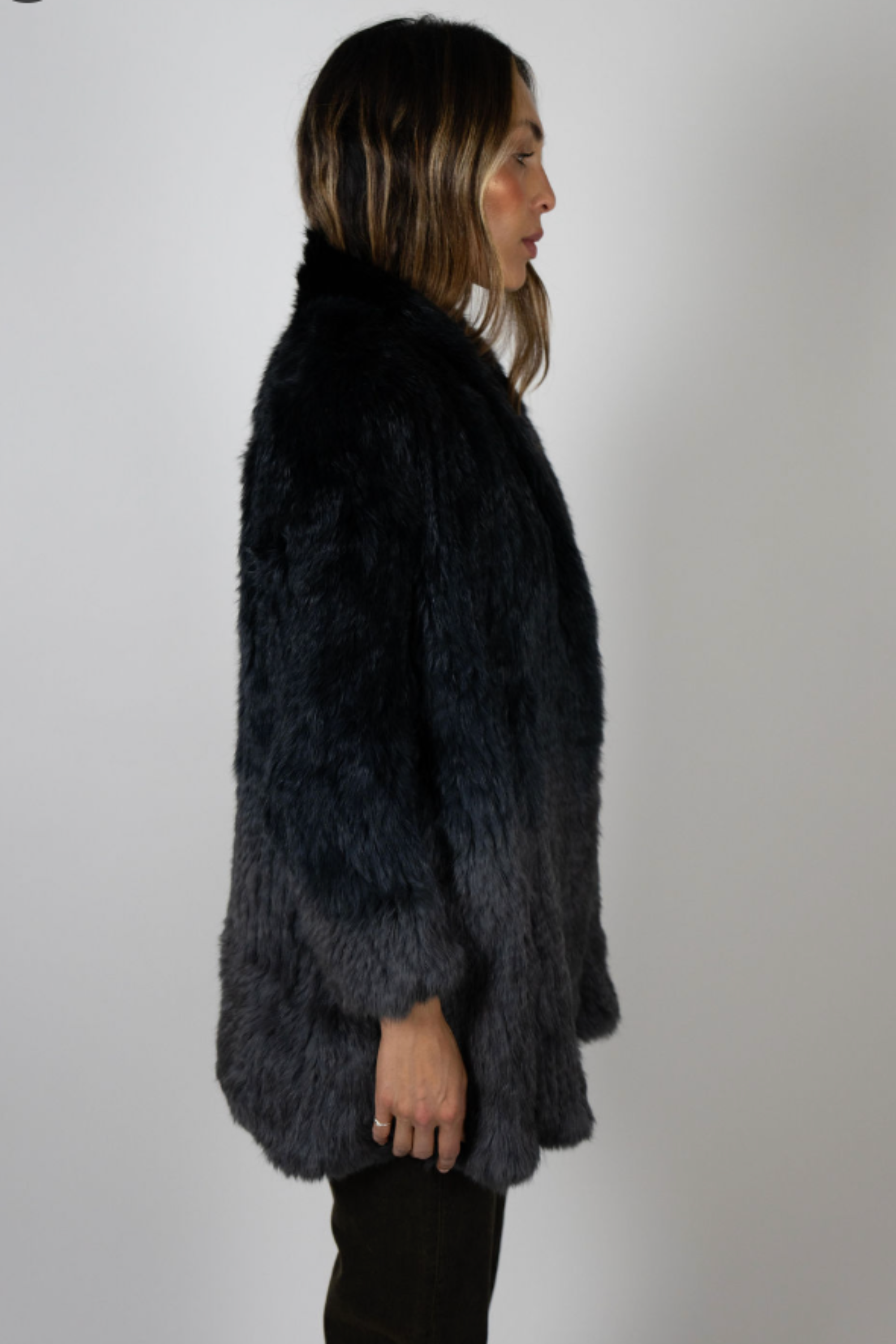 Side profile of Rabbit Dip Dye Black Charcoal fur coat showing collar detail