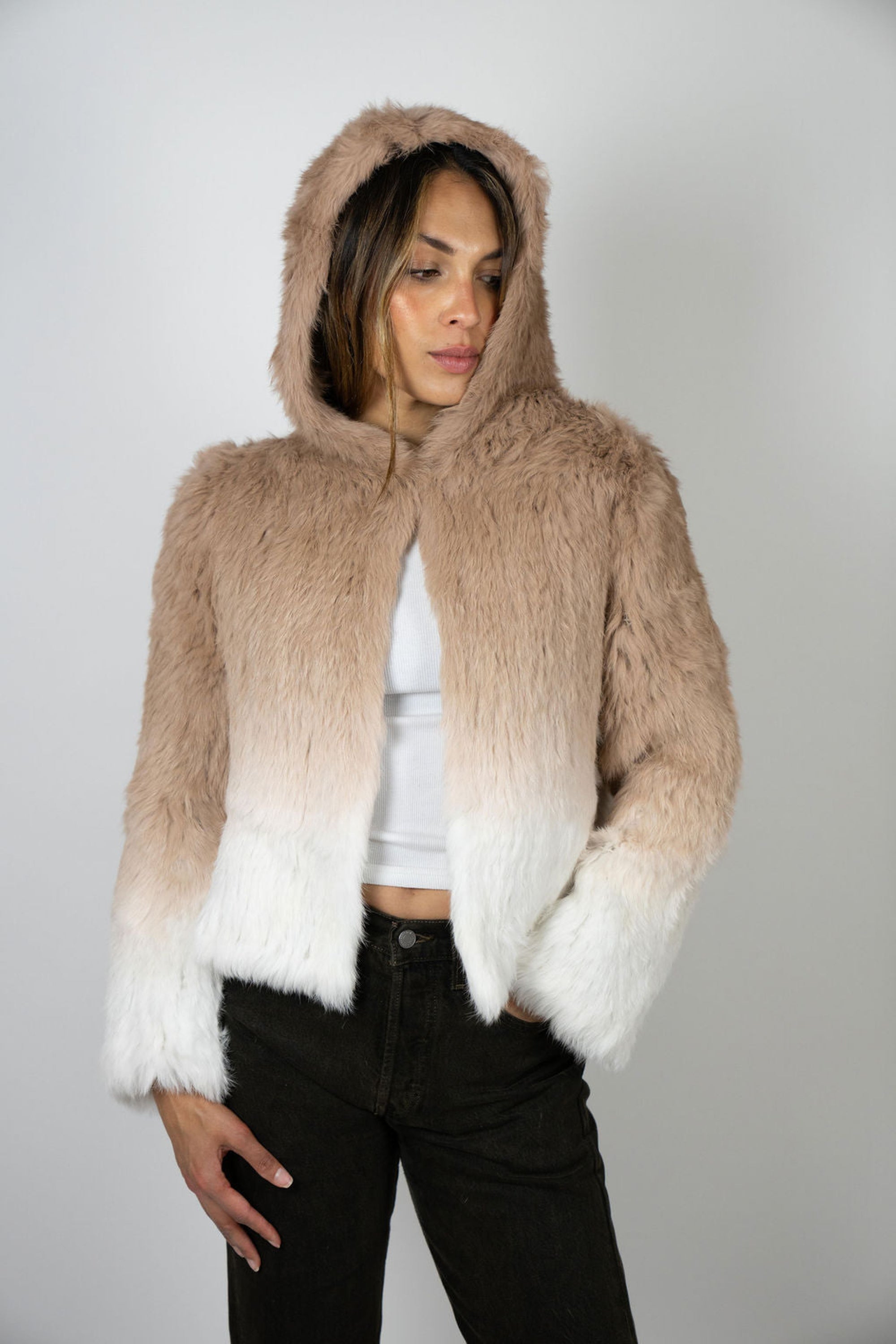 Beige ombre cropped rabbit fur jacket with hood up, luxe winter style