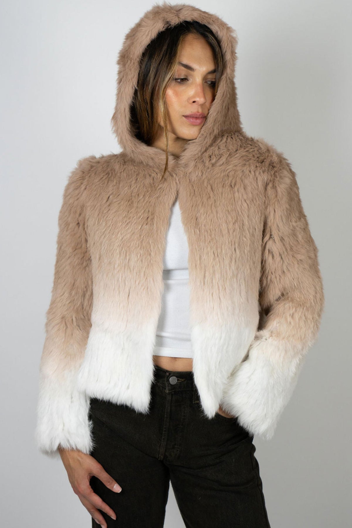 Beige ombre cropped rabbit fur jacket with hood up, luxe winter style