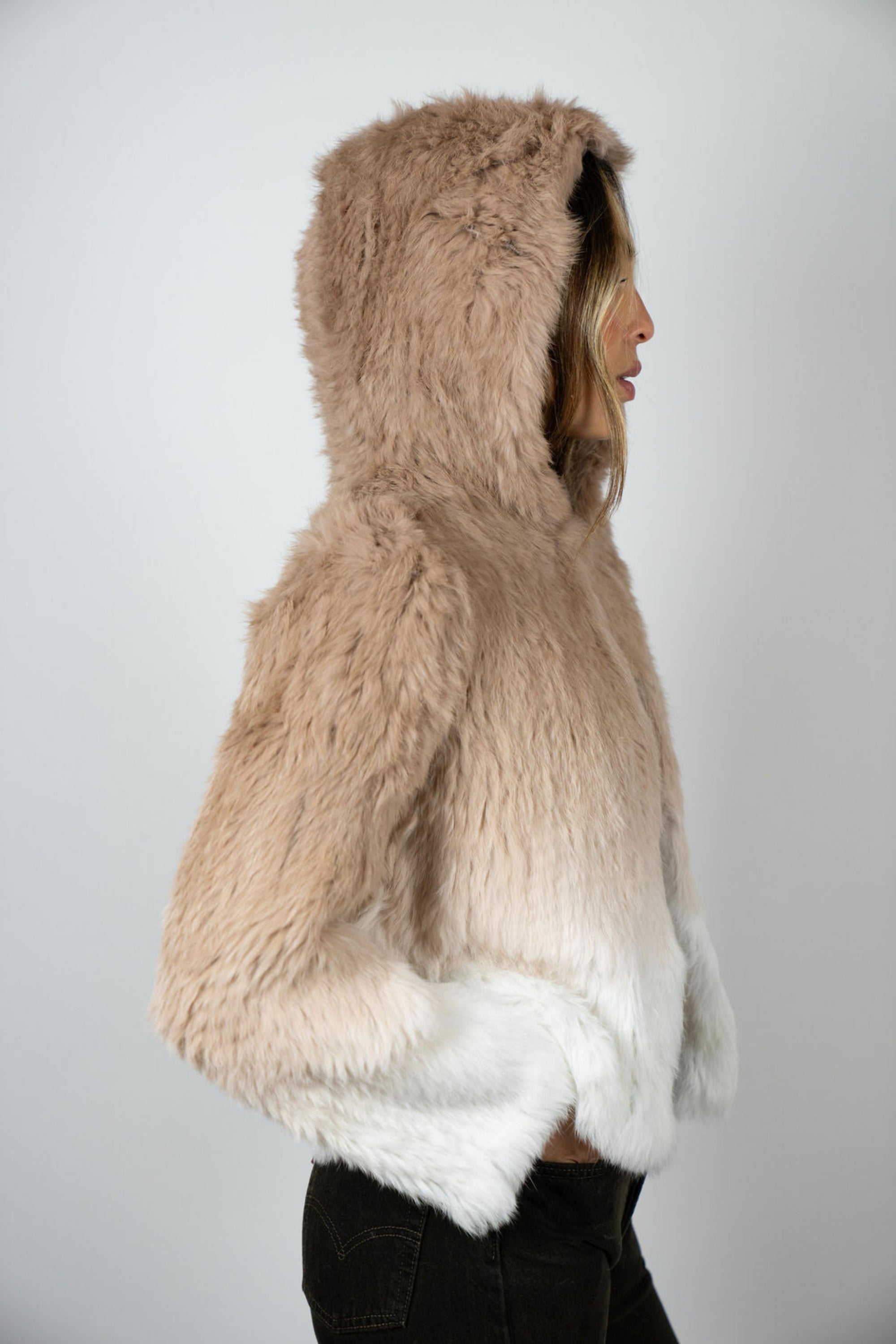 Beige ombre cropped rabbit fur jacket with hood up, luxe winter style