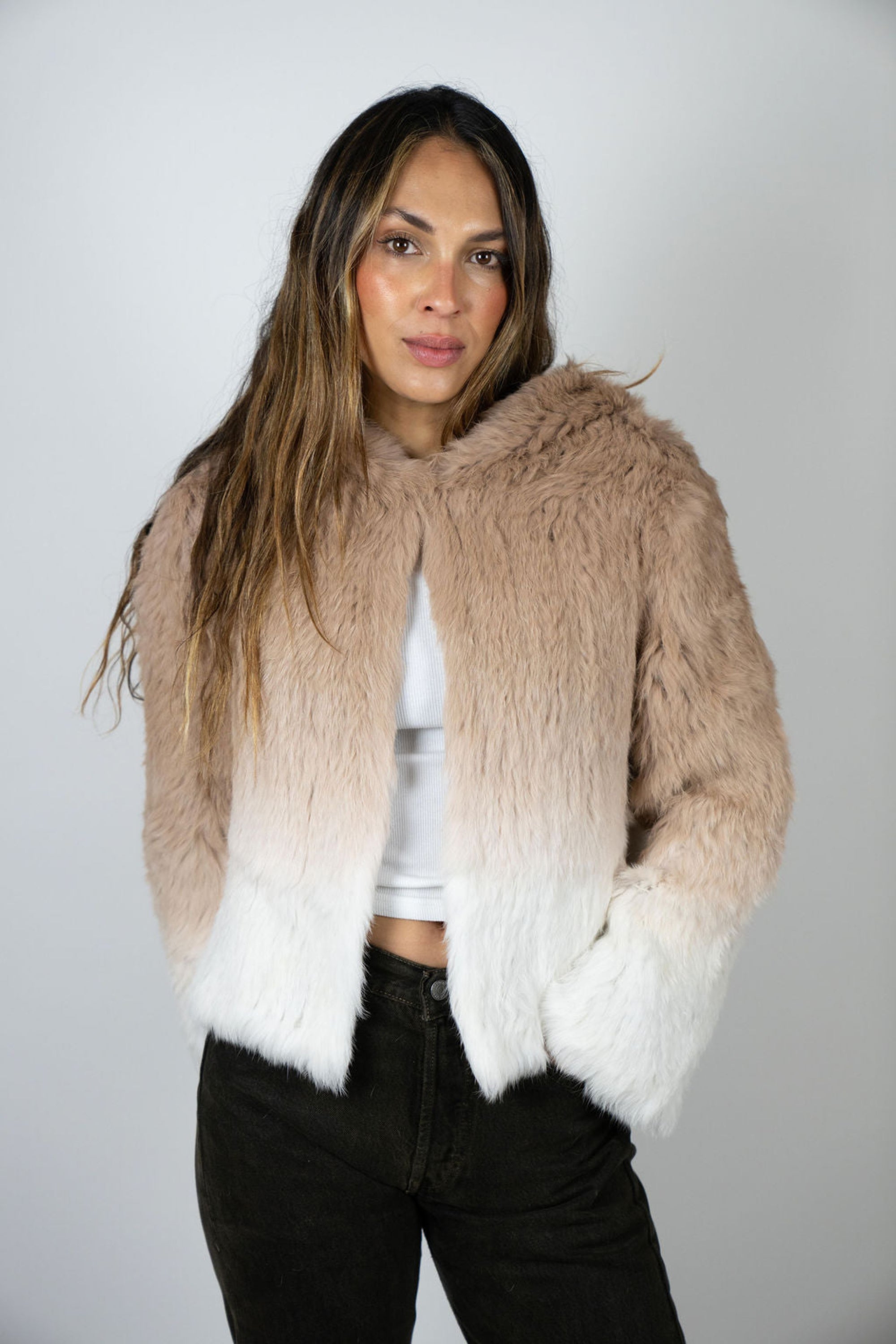 Beige ombre cropped rabbit fur jacket with hood up, luxe winter style