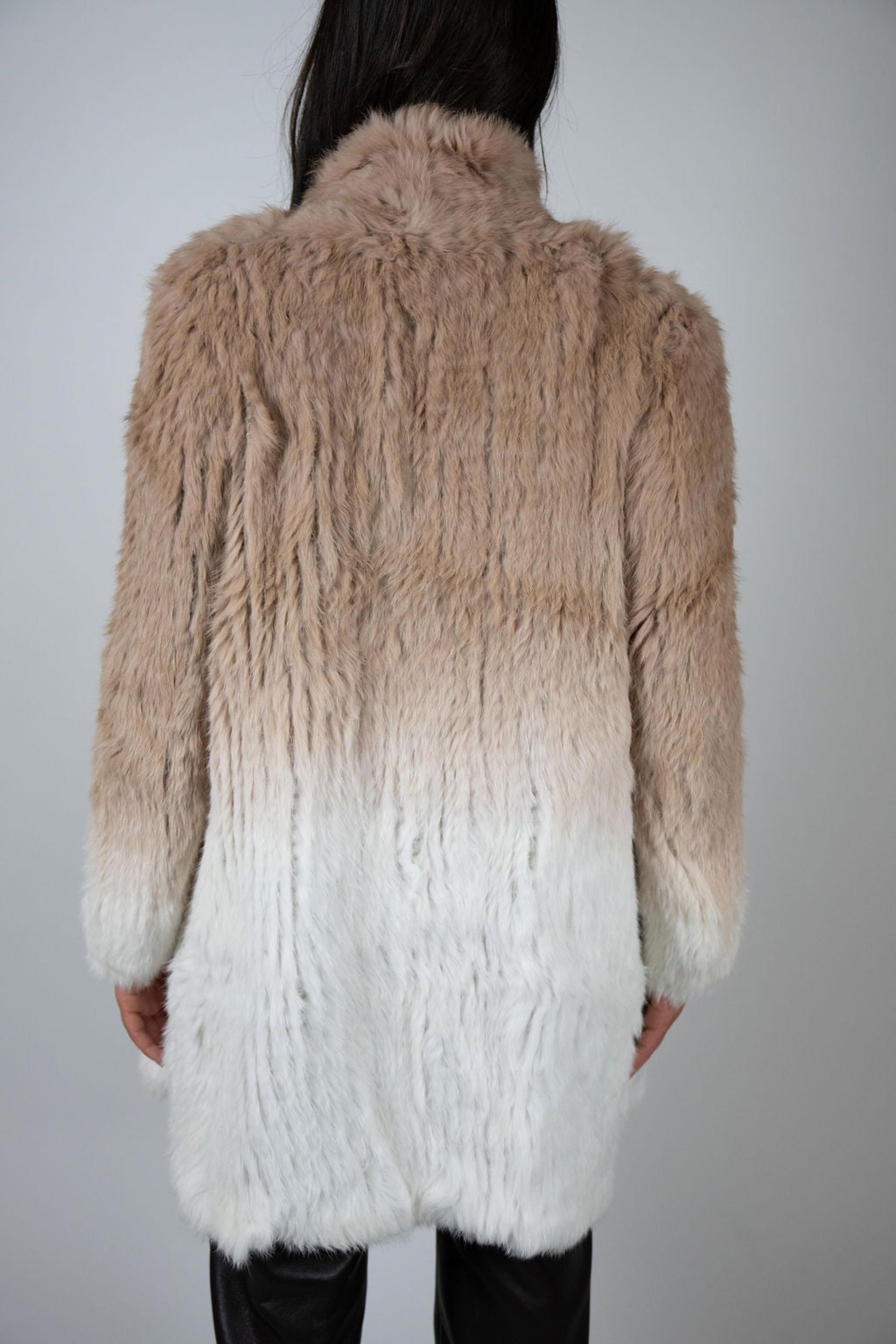 Back view of rabbit swing coat in beige fading to ivory – Luxe Fur Collection by Angel Wings by Lucy