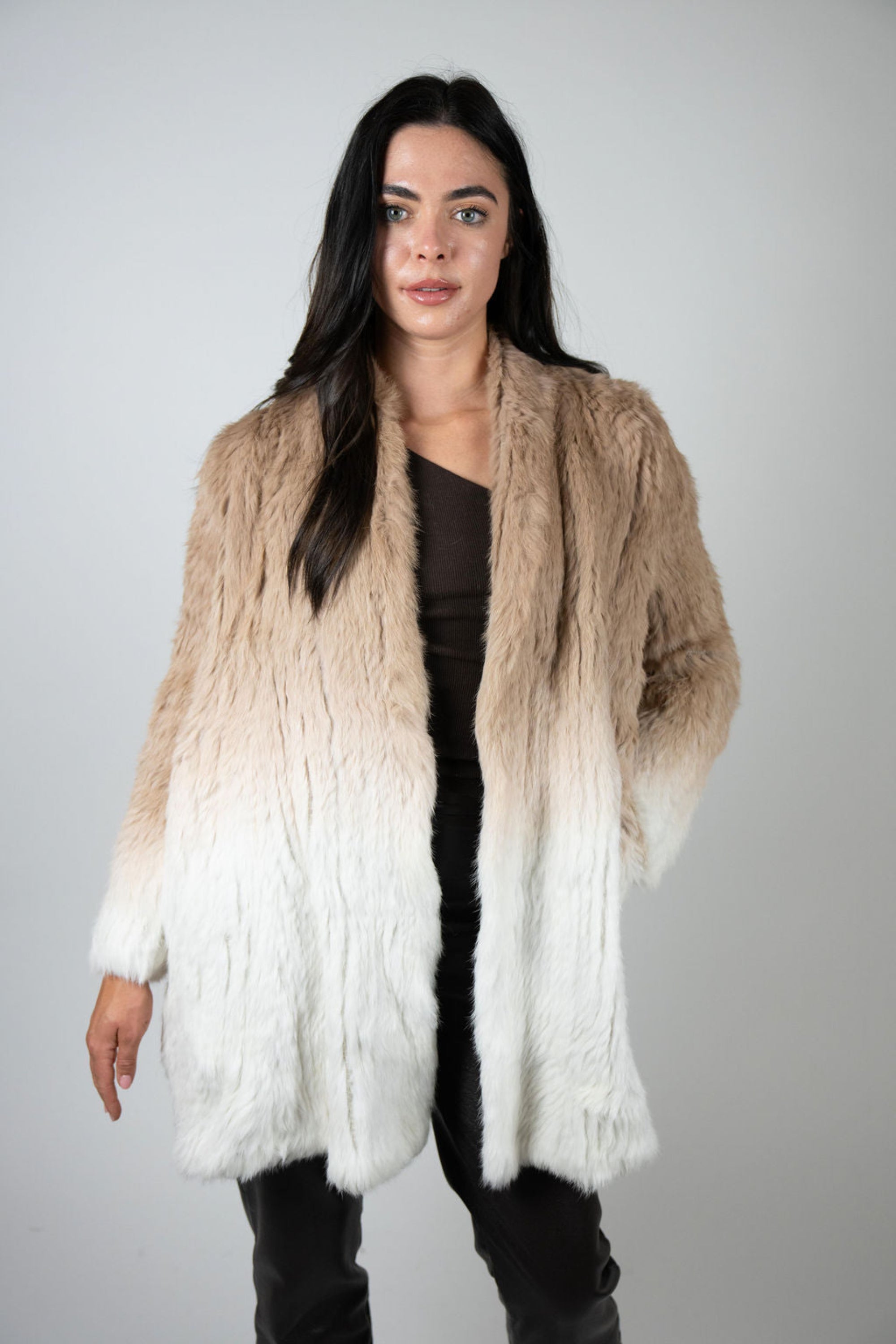 Beige dip-dye rabbit fur swing coat styled with black leather pants – luxury outerwear by Angel Wings by Lucy