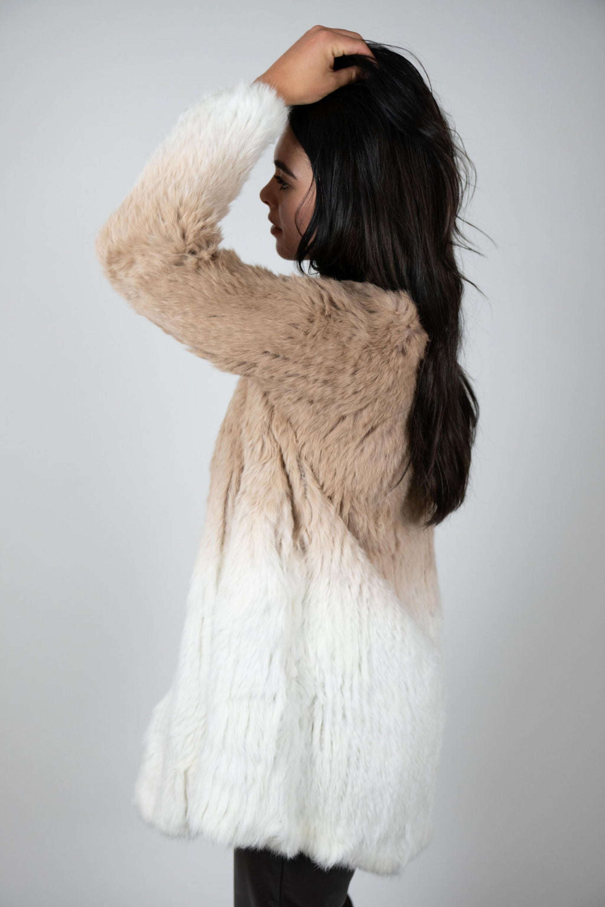 Side profile of beige ombré rabbit fur coat with natural drape – Angel Wings by Lucy