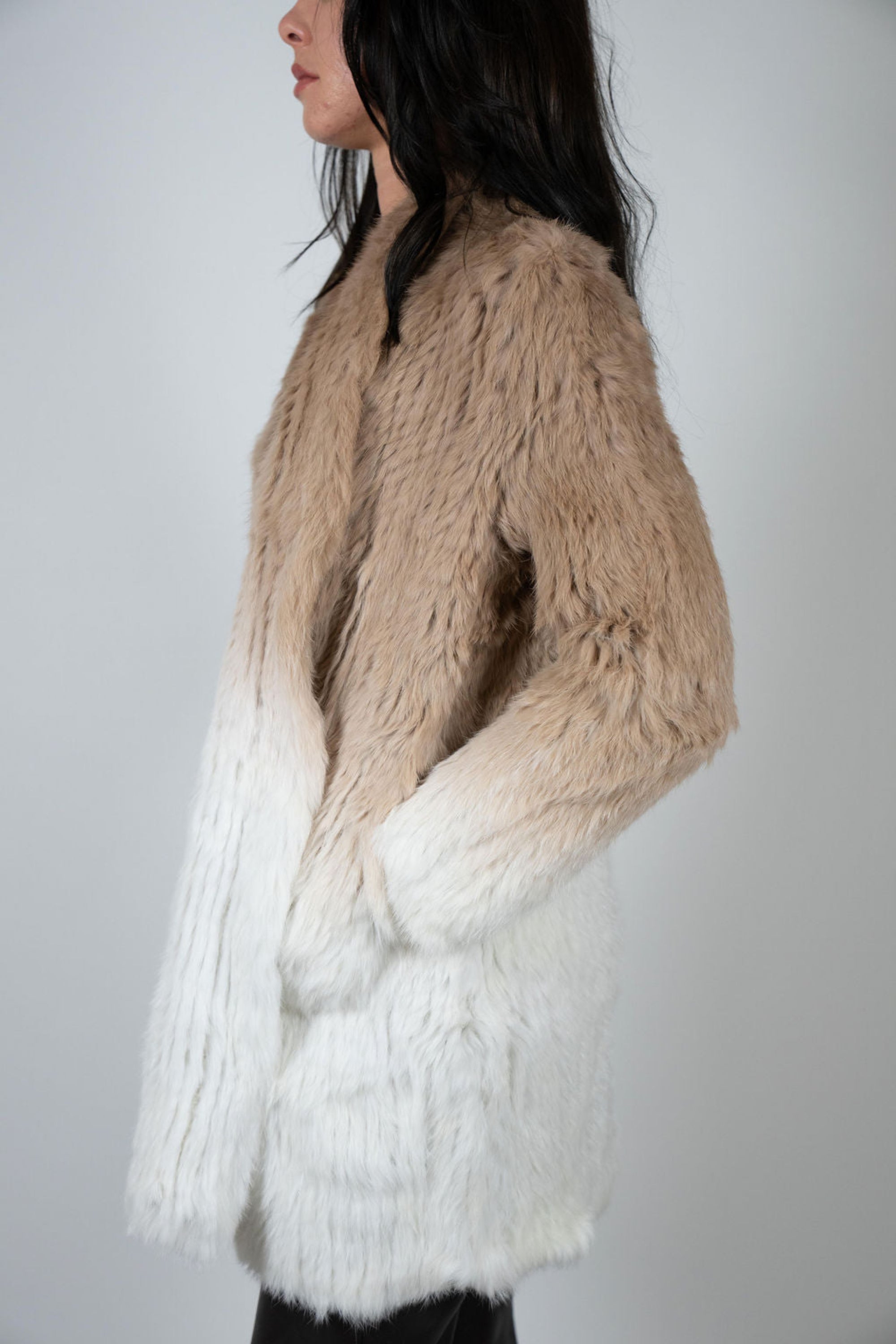 Side view of rabbit swing coat in beige fading to ivory – Luxe Fur Collection by Angel Wings by Lucy