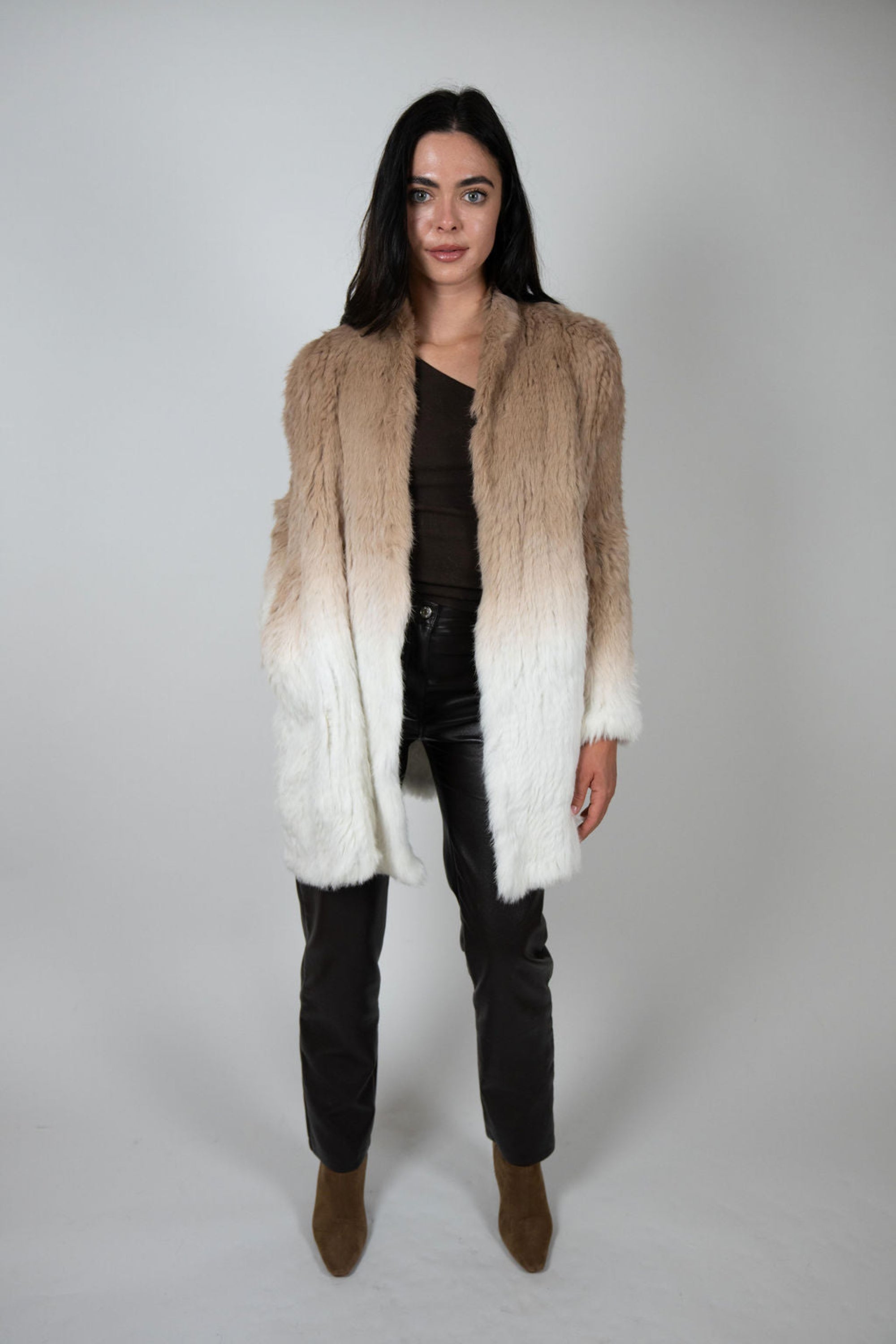 Woman wearing longline rabbit fur coat in beige to ivory dip-dye – elegant swing silhouette by Angel Wings by Lucy