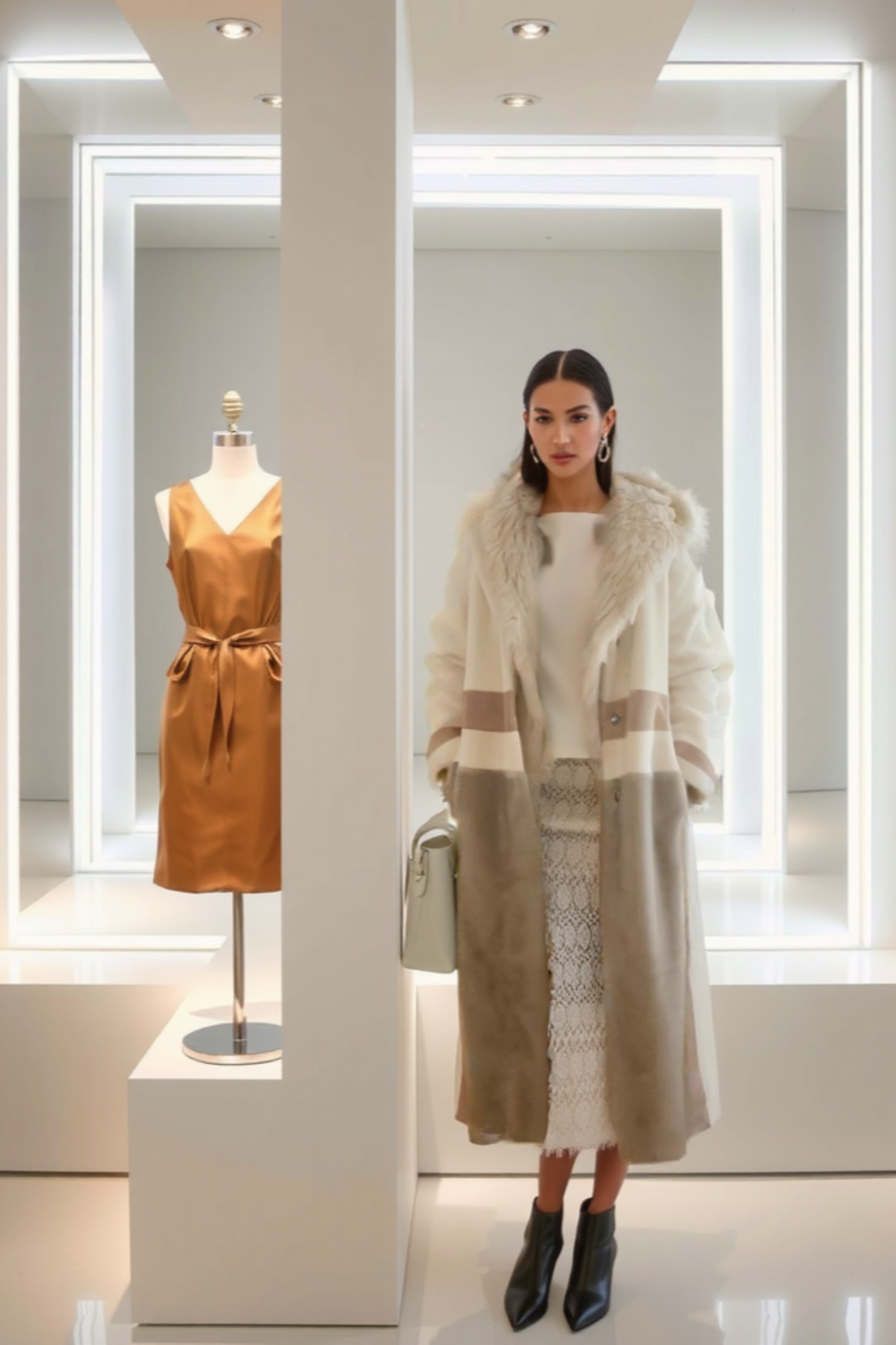 A person standing in a store wearing Angel Wings Ajax stripe faux fur jacket with a rabbit fur hooded long sleeves, paired with black boots and carrying a white bag.