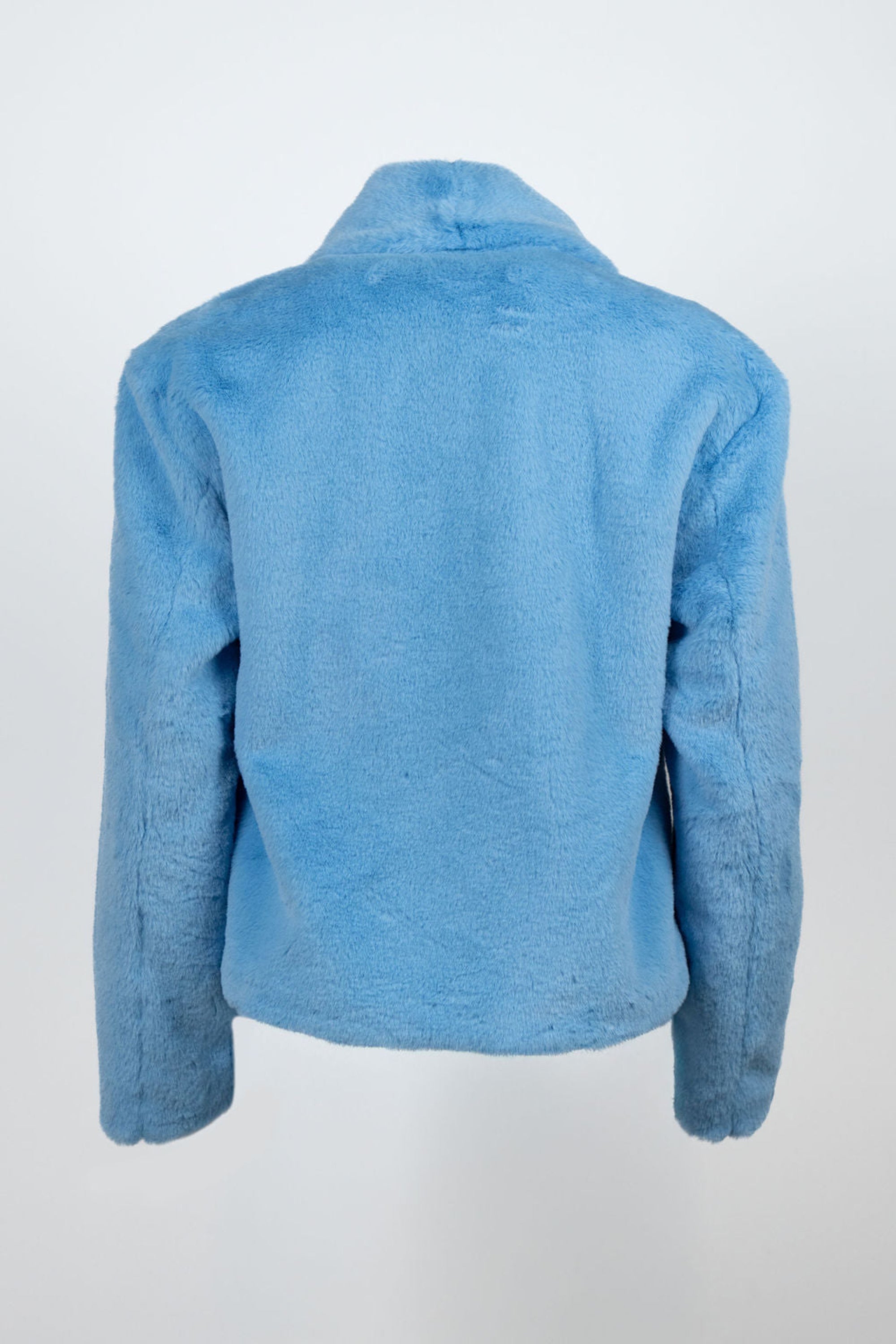 Woman wearing cropped sky blue faux fur jacket with wide-leg denim – Bear Den Crop Jacket by Angel Wings by Lucy