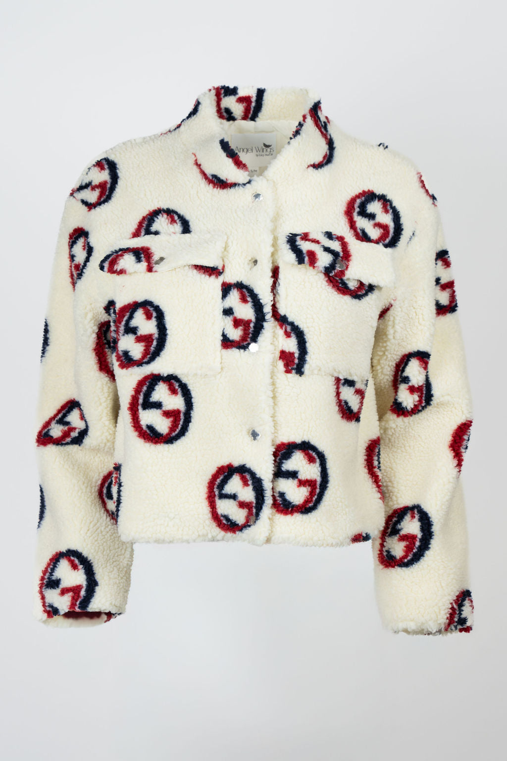 Woman wearing cream faux shearling bomber jacket with red and navy graphic print – Maru Bomber by Angel Wings by Lucy