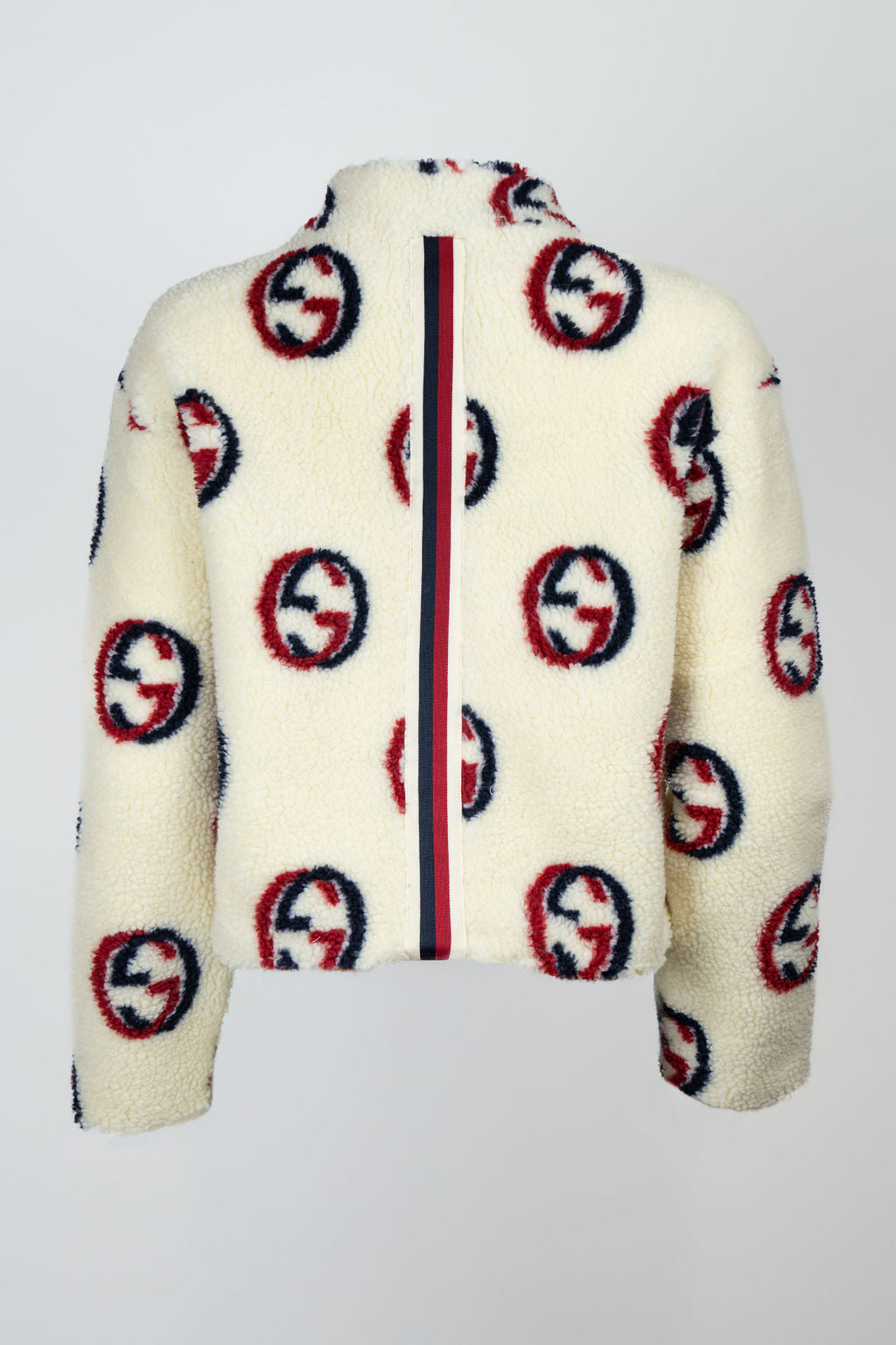 cream faux shearling bomber jacket with red and navy graphic print – Maru Bomber by Angel Wings by Lucy