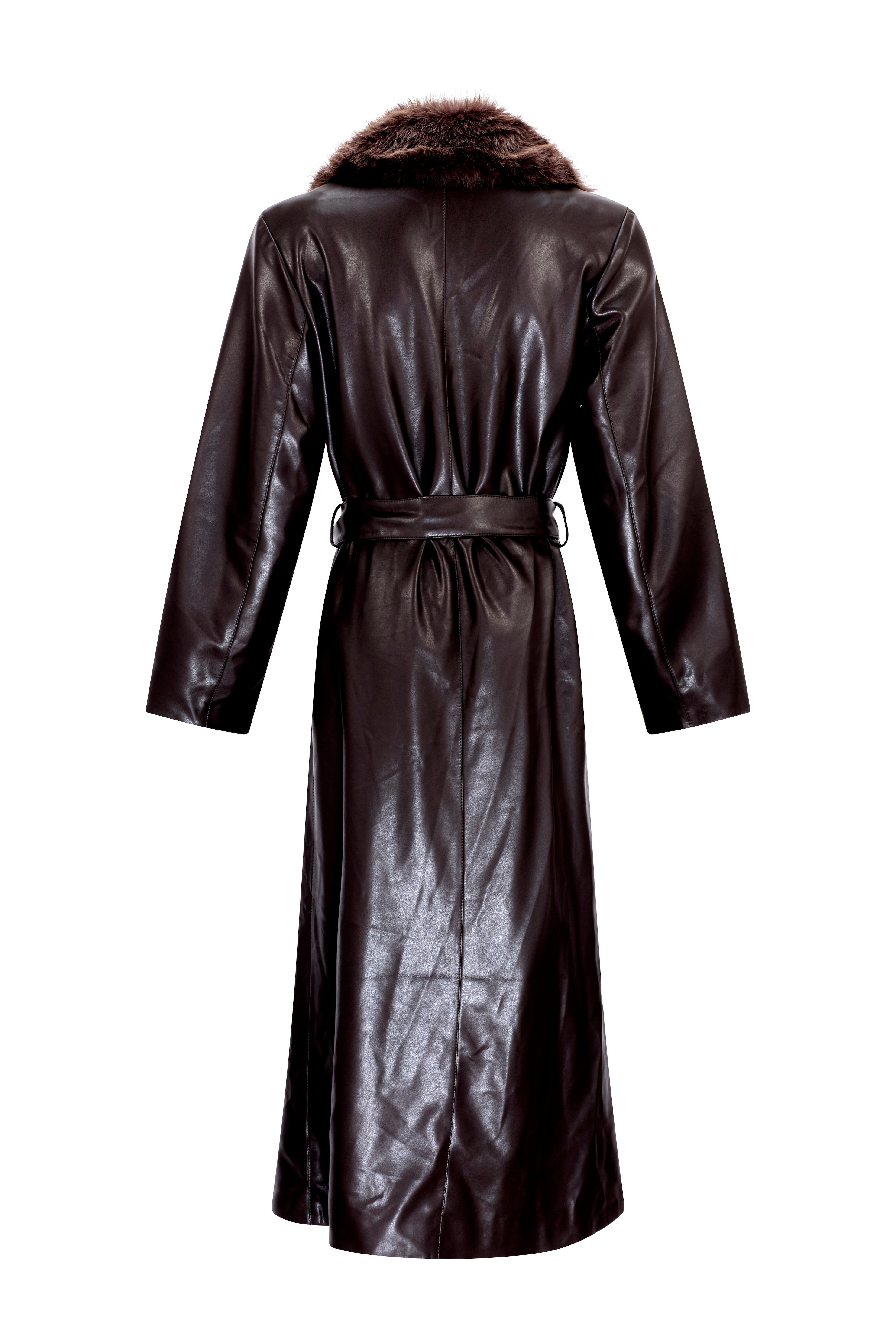 Fur collar leather trench coat - Chocolate