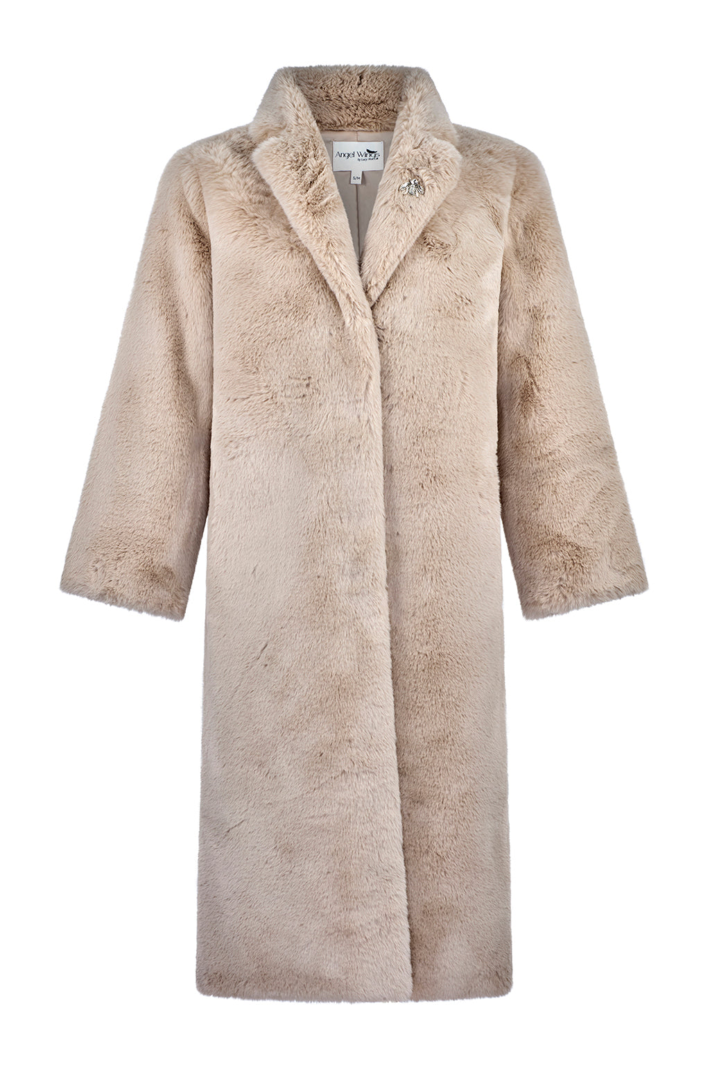 Ajax Bee faux fur longline jacket in Beige by Angel Wings by Lucy, styled indoors for refined winter and luxury lifestyle dressing.