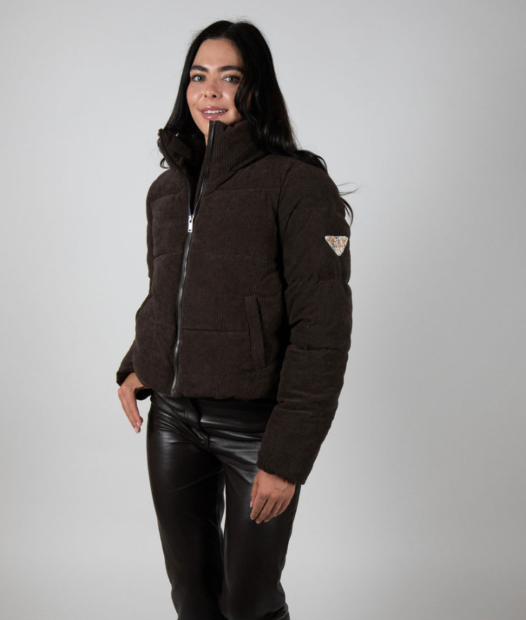 Sundeck Cord Puffer jacket in chocolate brown corduroy with high collar and triangle sleeve patch – Angel Wings by Lucy