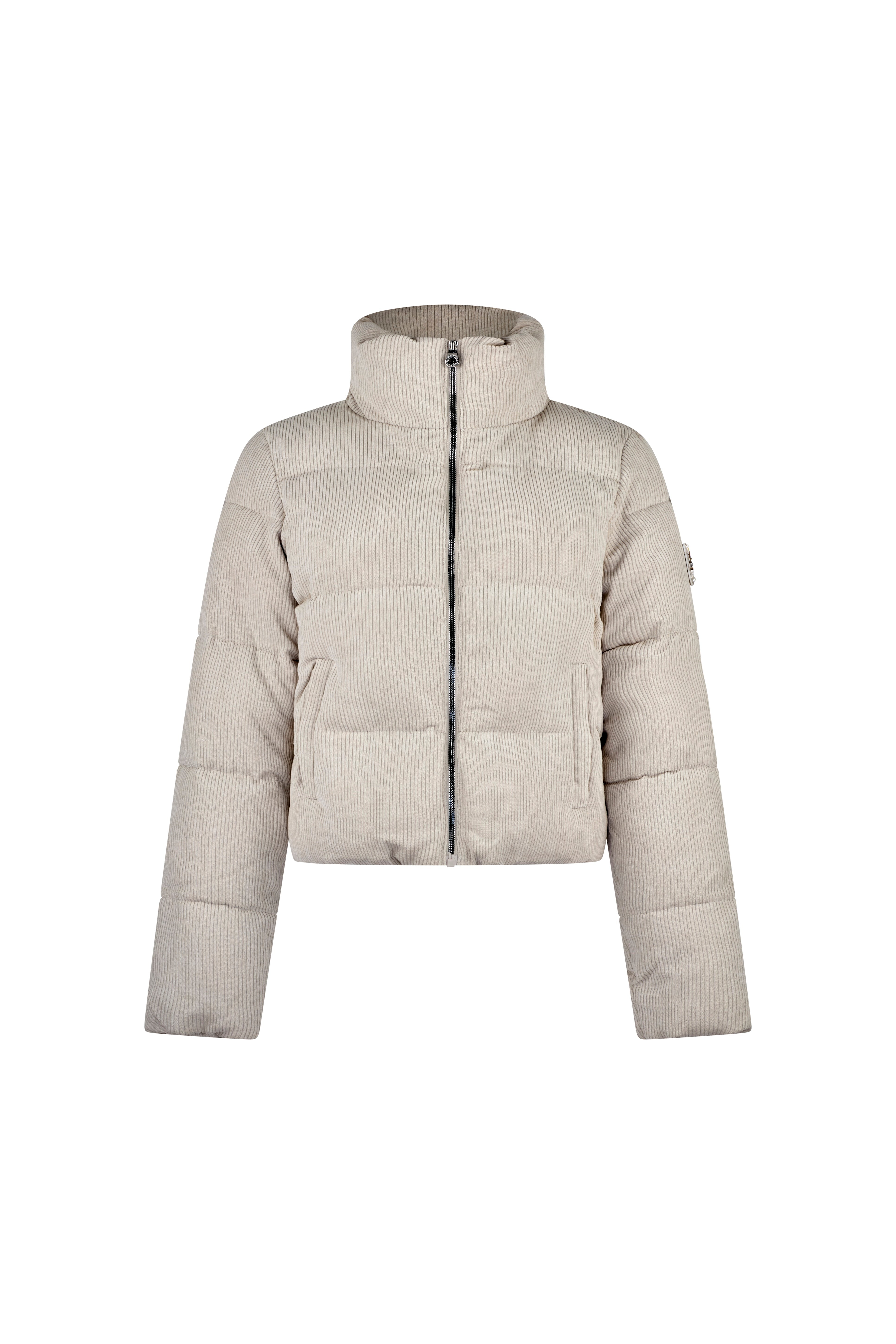 Angel Wings Sundeck Jacket in Cord Flat lay of cream corduroy puffer jacket with high collar and front zipper