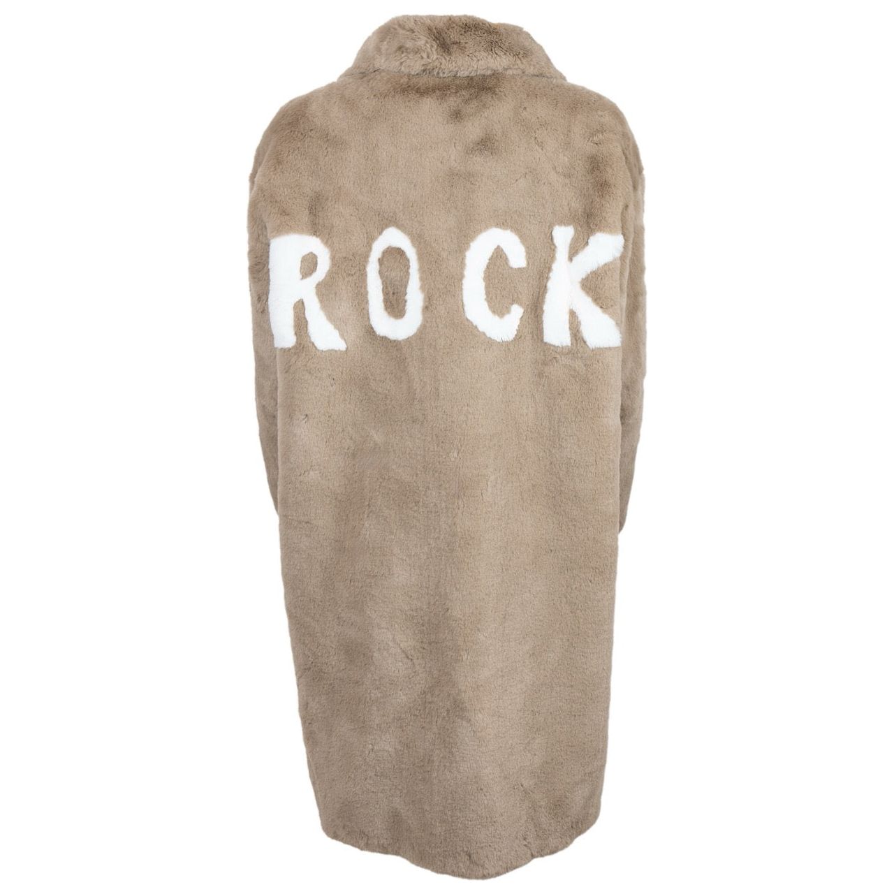 Back view of mocha-colored faux fur jacket with bold white “ROCK” lettering — from the Mr. Greys collection.