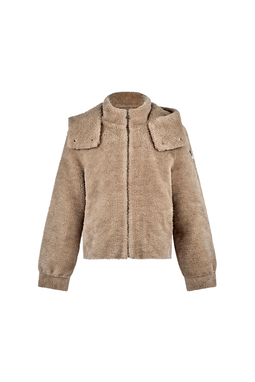 Front flat lay of Angel Wings by Lucy Slope Room Faux Fur Bomber – premium tan faux fur jacket with hood